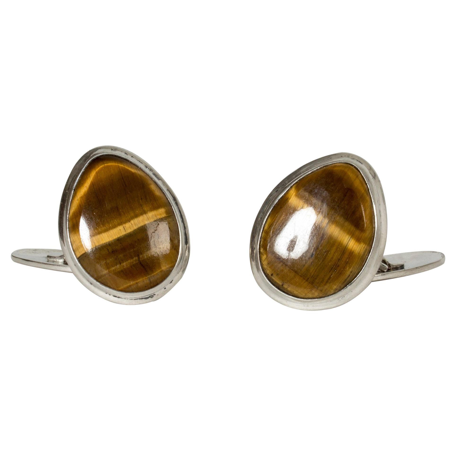 Pair of Midcentury Silver and Tigereye Cufflinks, Sweden, 1960s