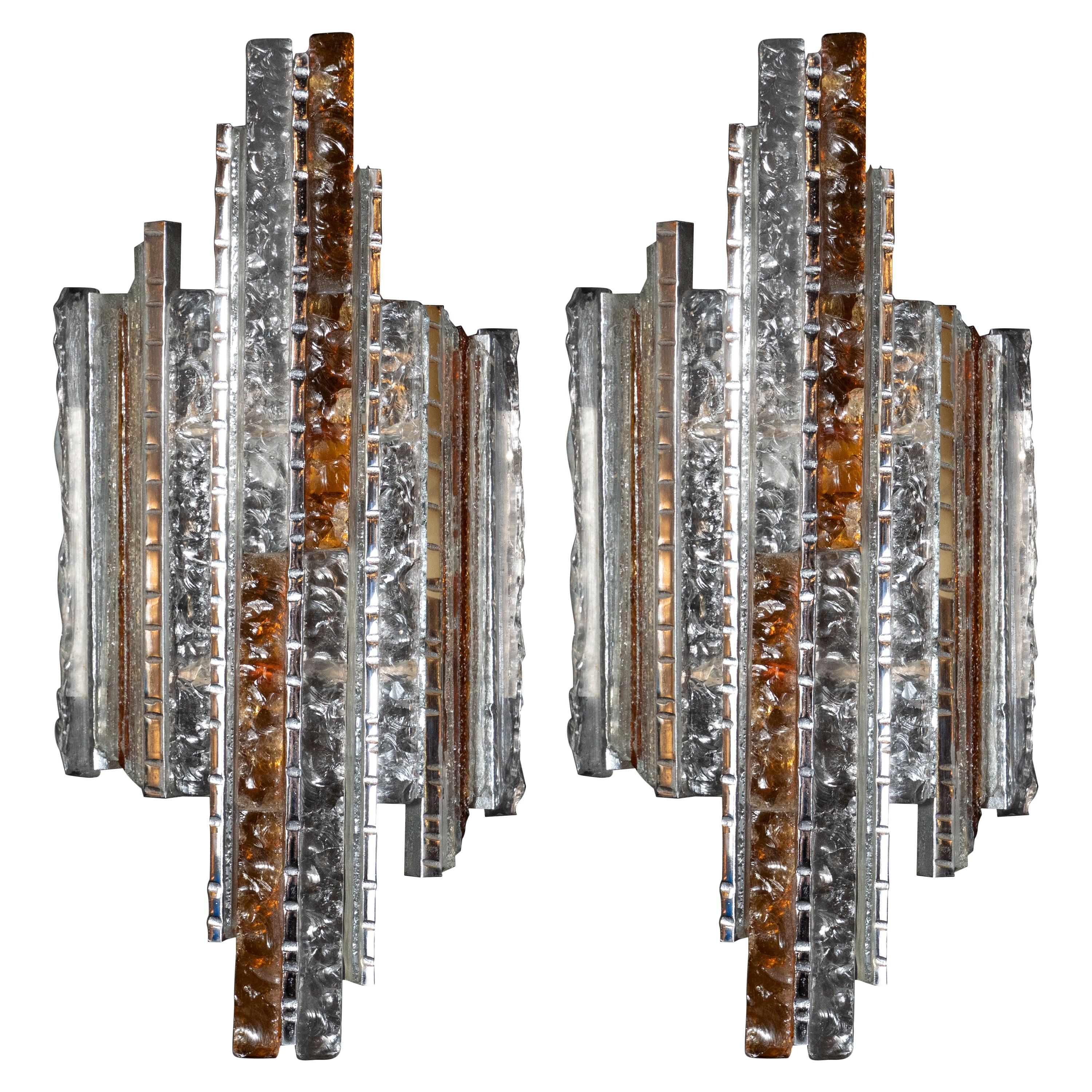 Pair of Midcentury Silvered Iron Amber and Translucent Glass Sconces by Poliarte