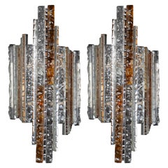 Retro Pair of Midcentury Silvered Iron Amber and Translucent Glass Sconces by Poliarte