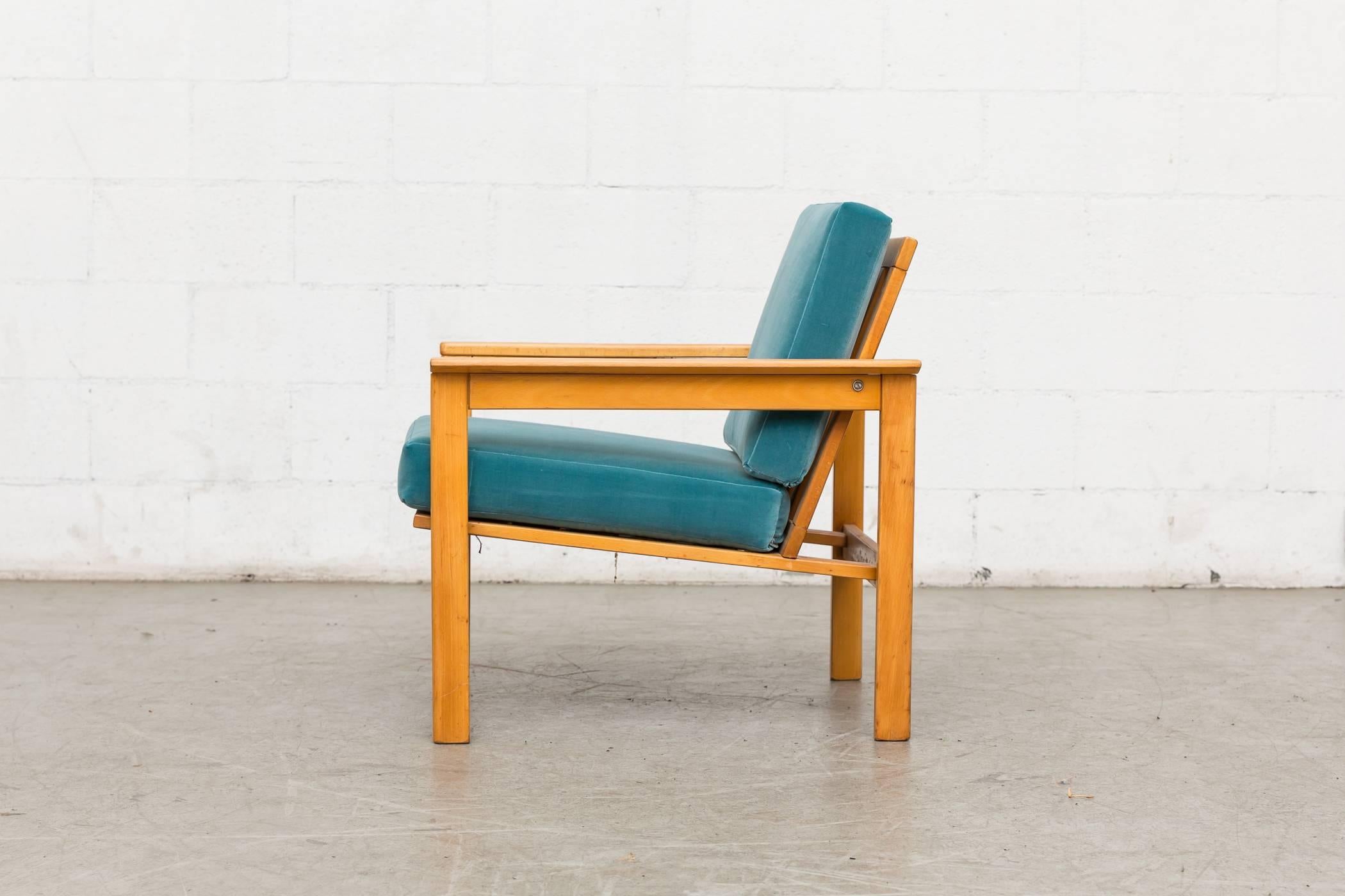 Dutch Pair of Midcentury Slat Back Lounge Chairs in Turquoise Velvet