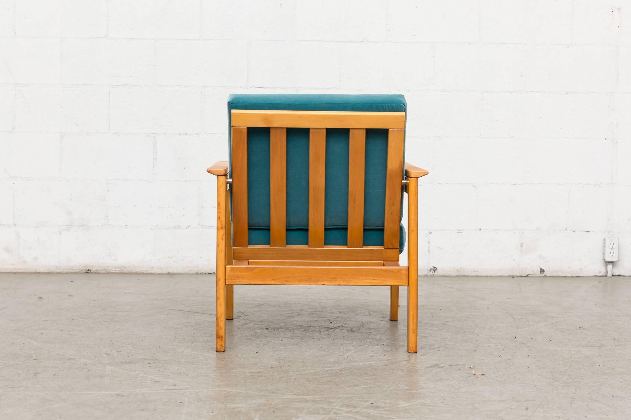 Mid-20th Century Pair of Midcentury Slat Back Lounge Chairs in Turquoise Velvet