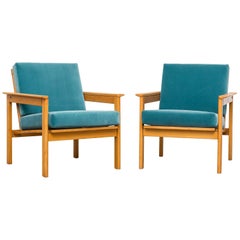 Pair of Midcentury Slat Back Lounge Chairs in Turquoise Velvet