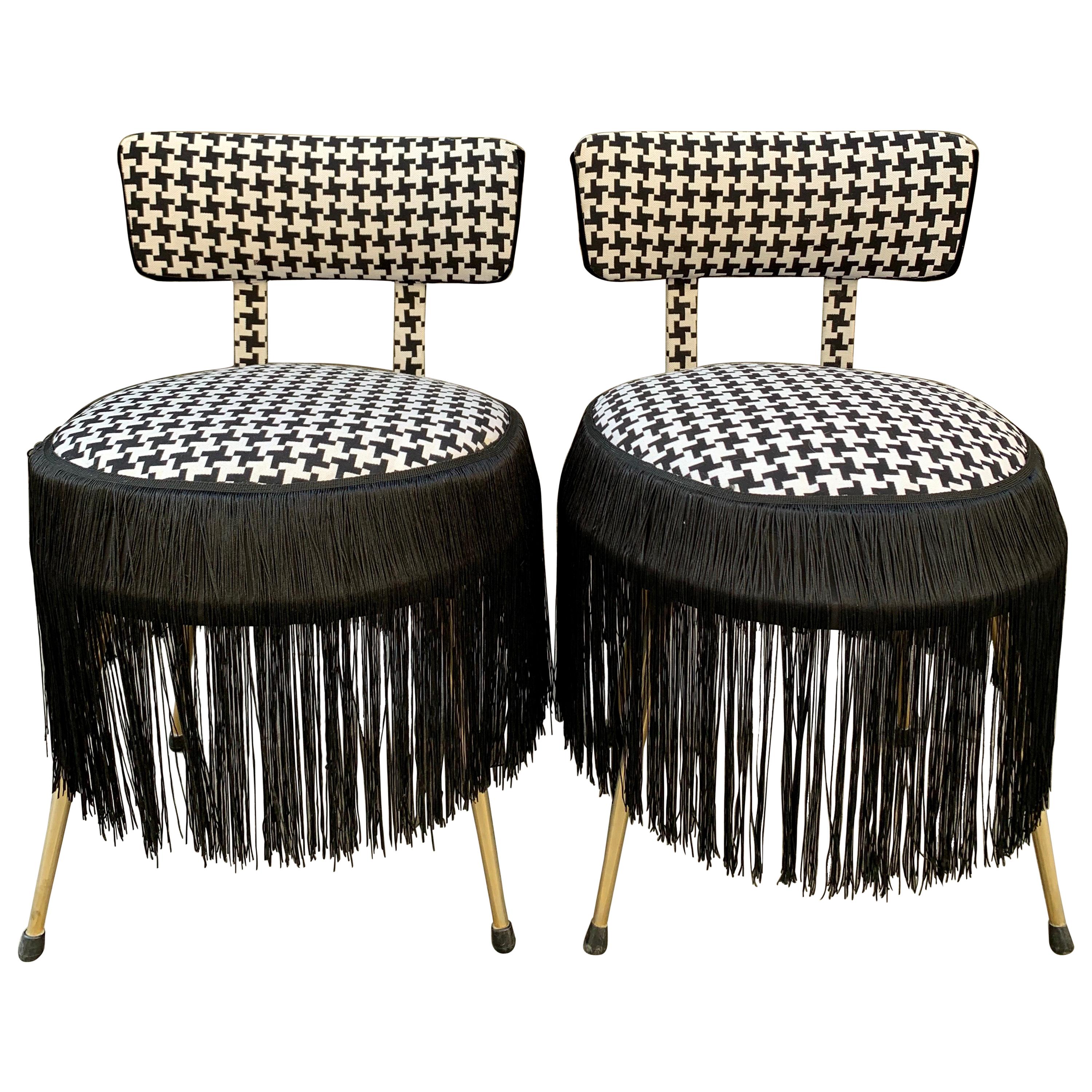 Pair of Midcentury Small Padded Chairs Houndstooth Fabric with Black Fringe
