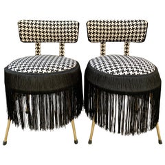 Vintage Pair of Midcentury Small Padded Chairs Houndstooth Fabric with Black Fringe