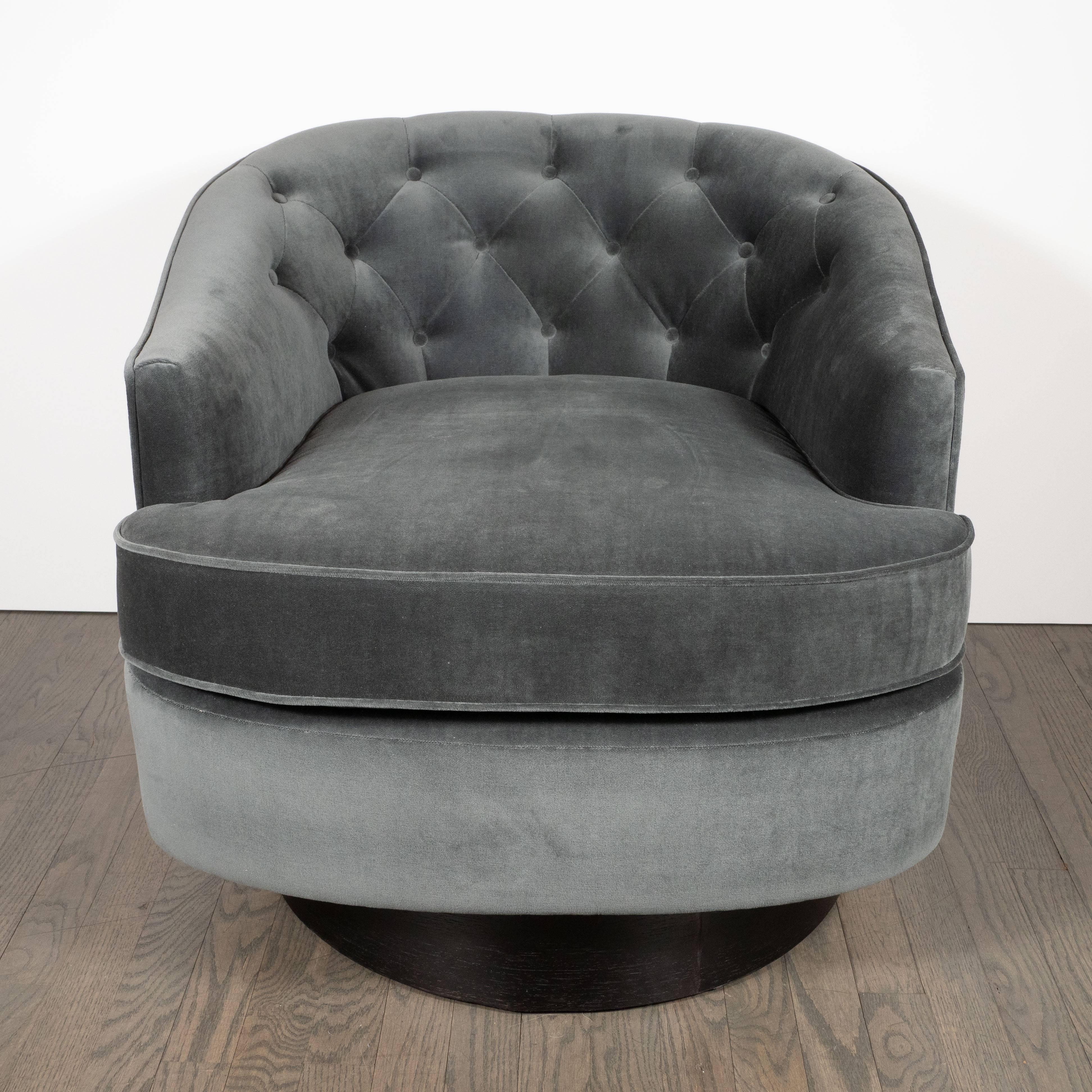 Mid-Century Modern Pair of Midcentury Smoked Gray Velvet Button Back Swivel Chairs by Ward Bennett