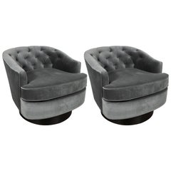 Pair of Midcentury Smoked Gray Velvet Button Back Swivel Chairs by Ward Bennett