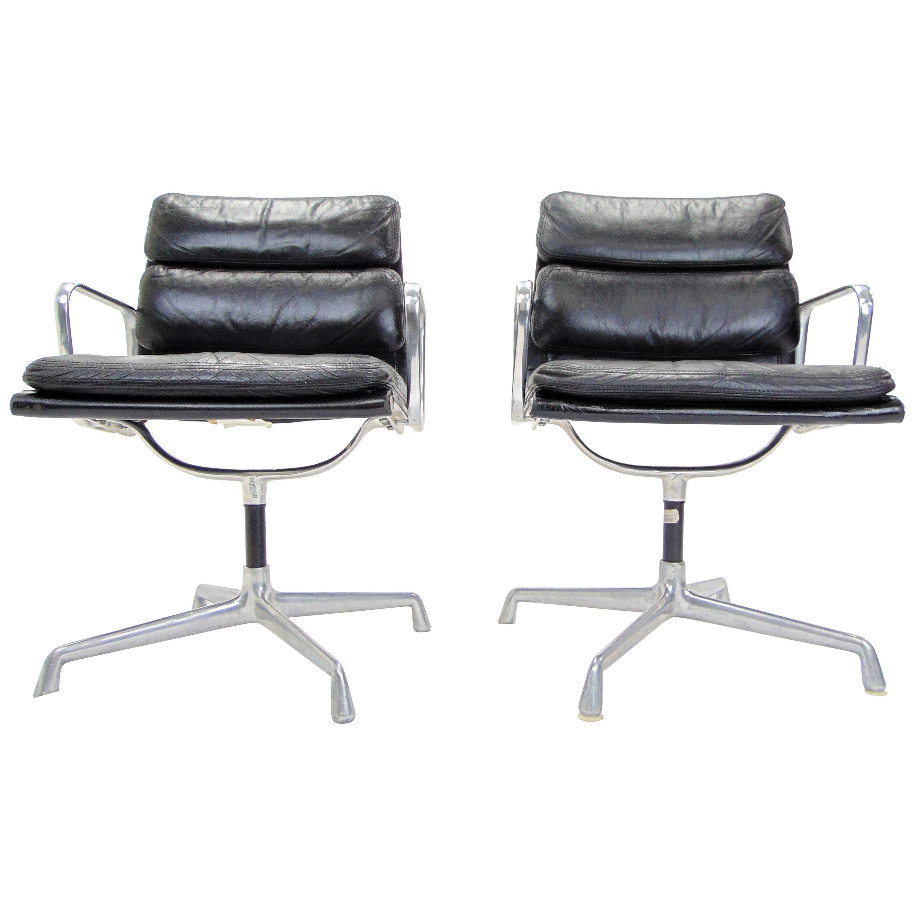 Pair of Midcentury Soft Pad Leather and Aluminum Eames Herman Miller Chairs