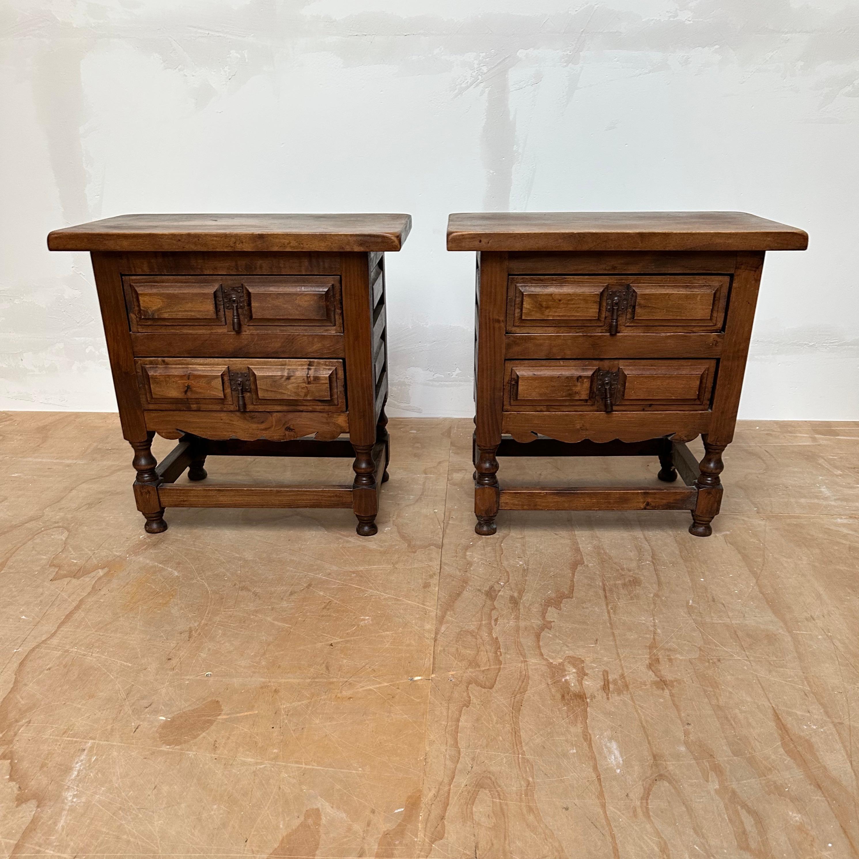 Stylish and practical set of two Spanish pine nightstands.

If you are looking for the perfect pair of vintage bedside tables to complete your Spanish or hacienda style bedroom (or hallway or living room) then this rare and all handcrafted pair from