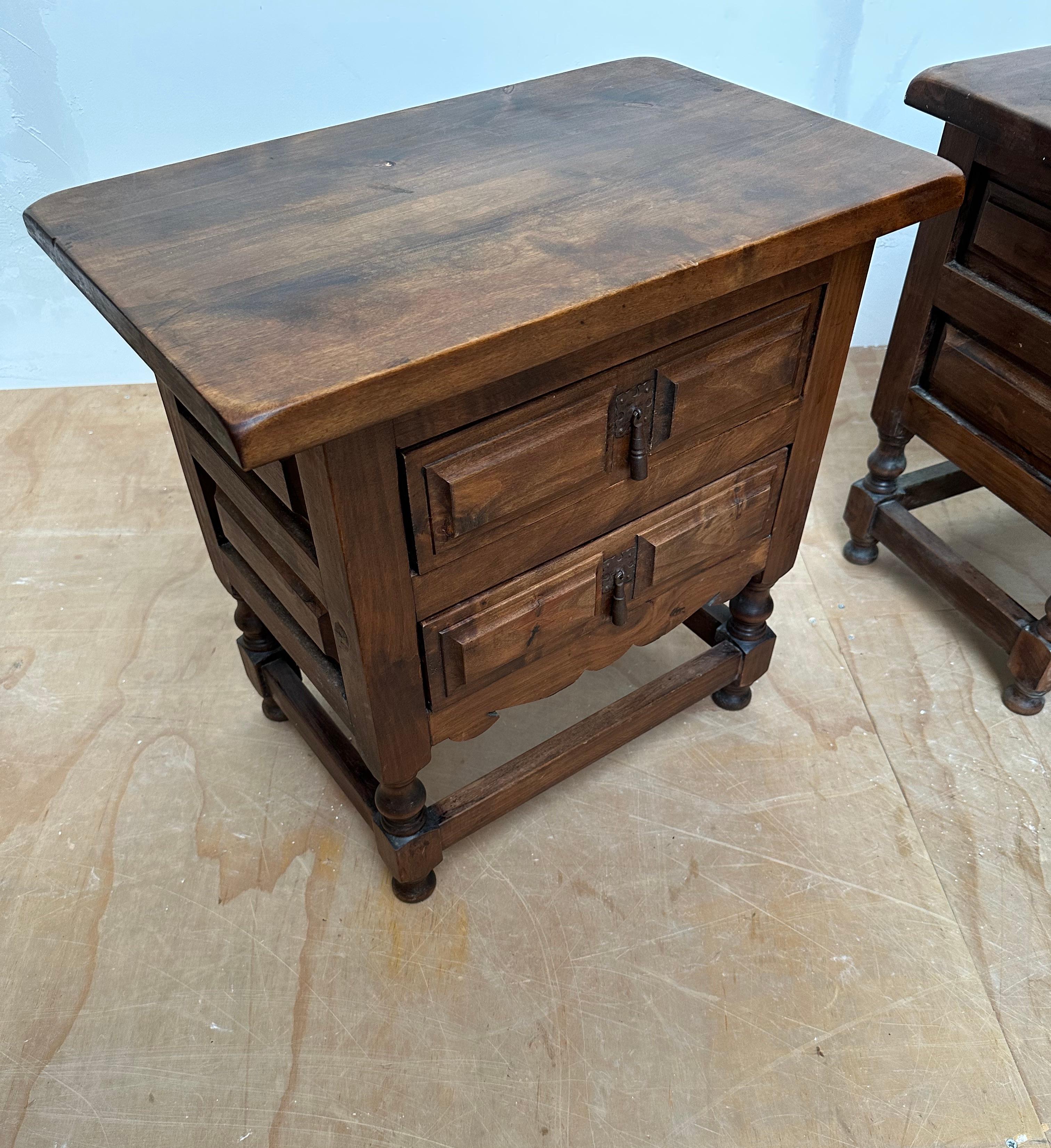 Pair of Midcentury Spanish Hacienda Style Two-Drawers Bedside Tables Nightstands For Sale 1