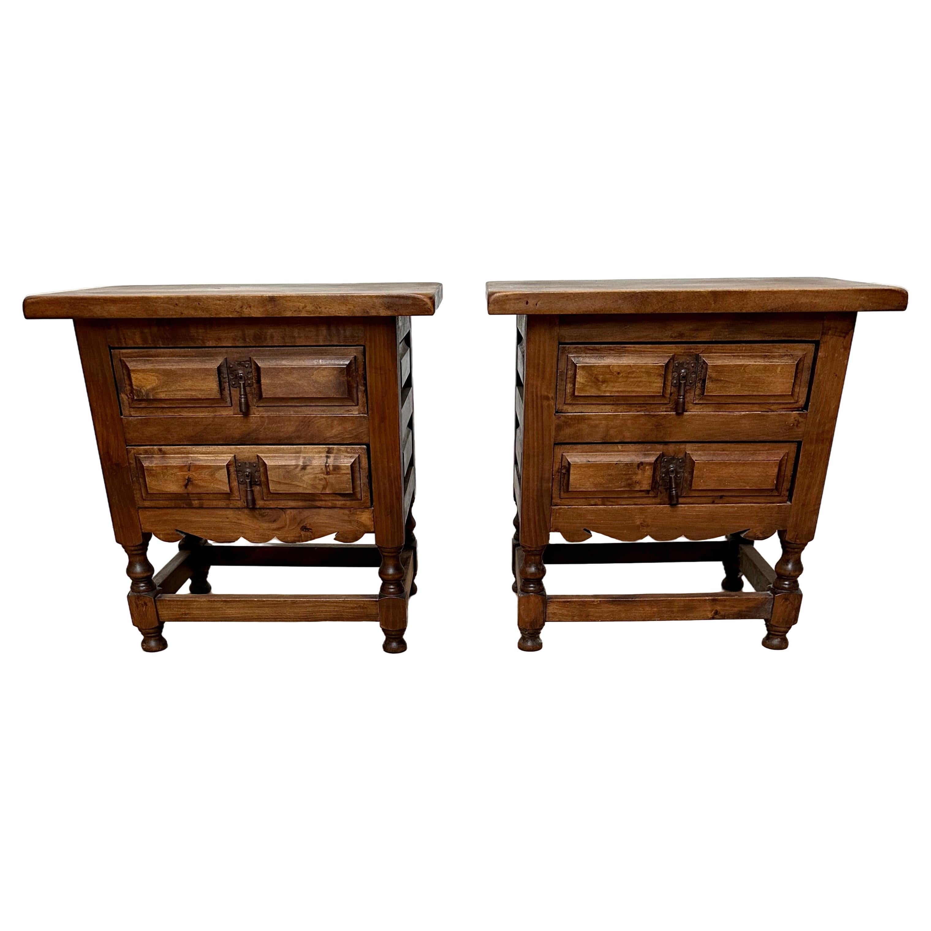 Pair of Midcentury Spanish Hacienda Style Two-Drawers Bedside Tables Nightstands For Sale