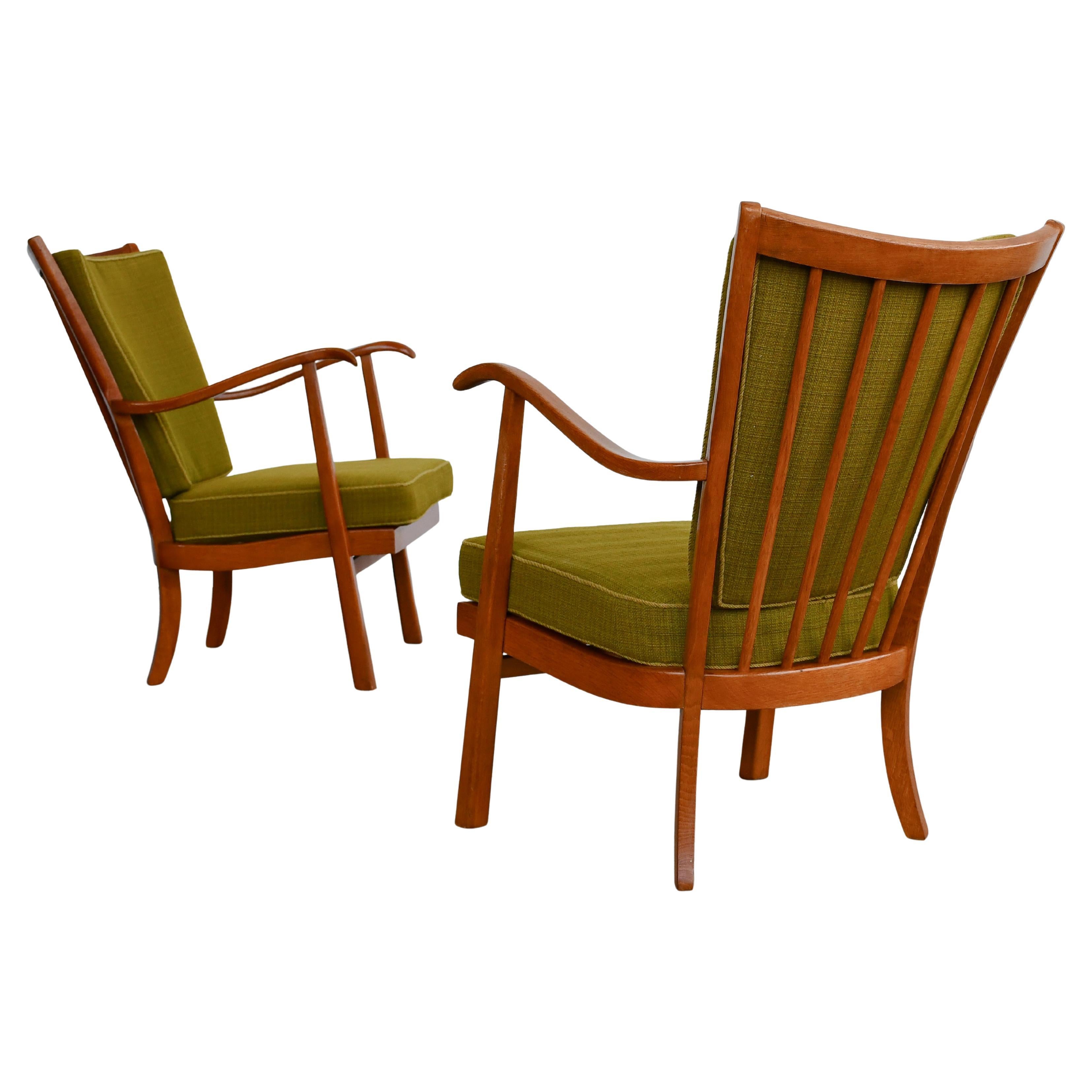 Pair of Midcentury Spindle Back Lounge Chairs Denmark 1940's by Fritz Hansen