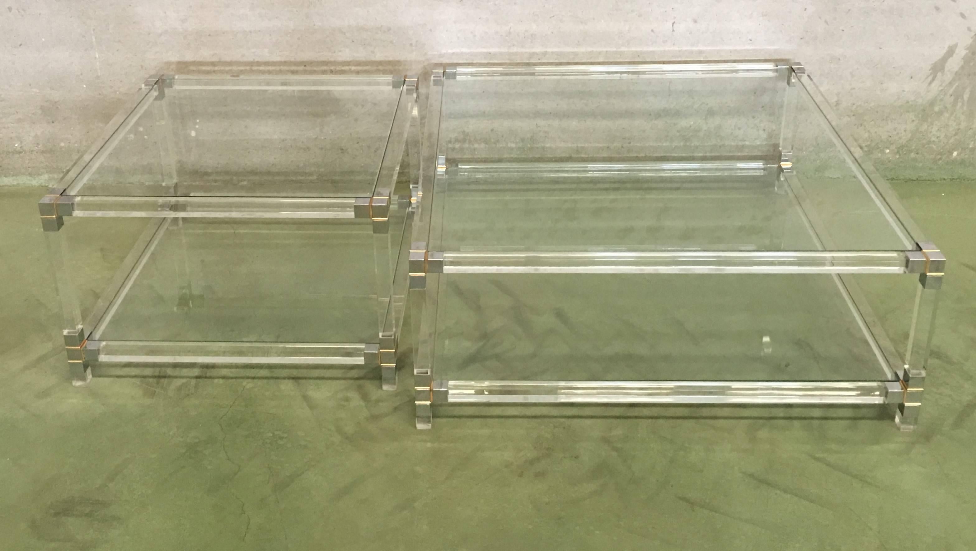 Pair of Midcentury Square Lucite Coffee Tables with Chromed Metal Details For Sale 5