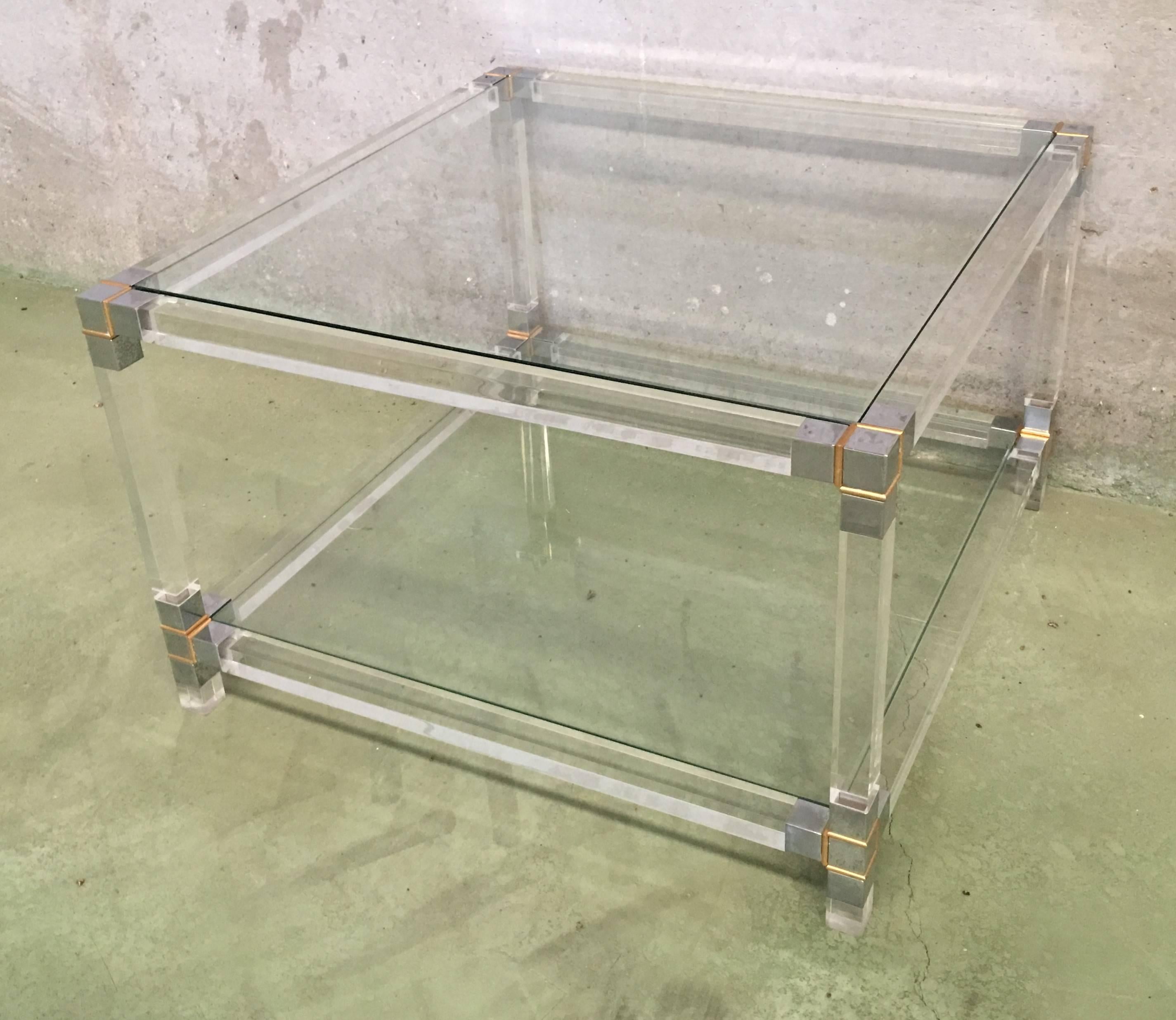 Pair of Midcentury Square Lucite Coffee Tables with Chromed Metal Details For Sale 6