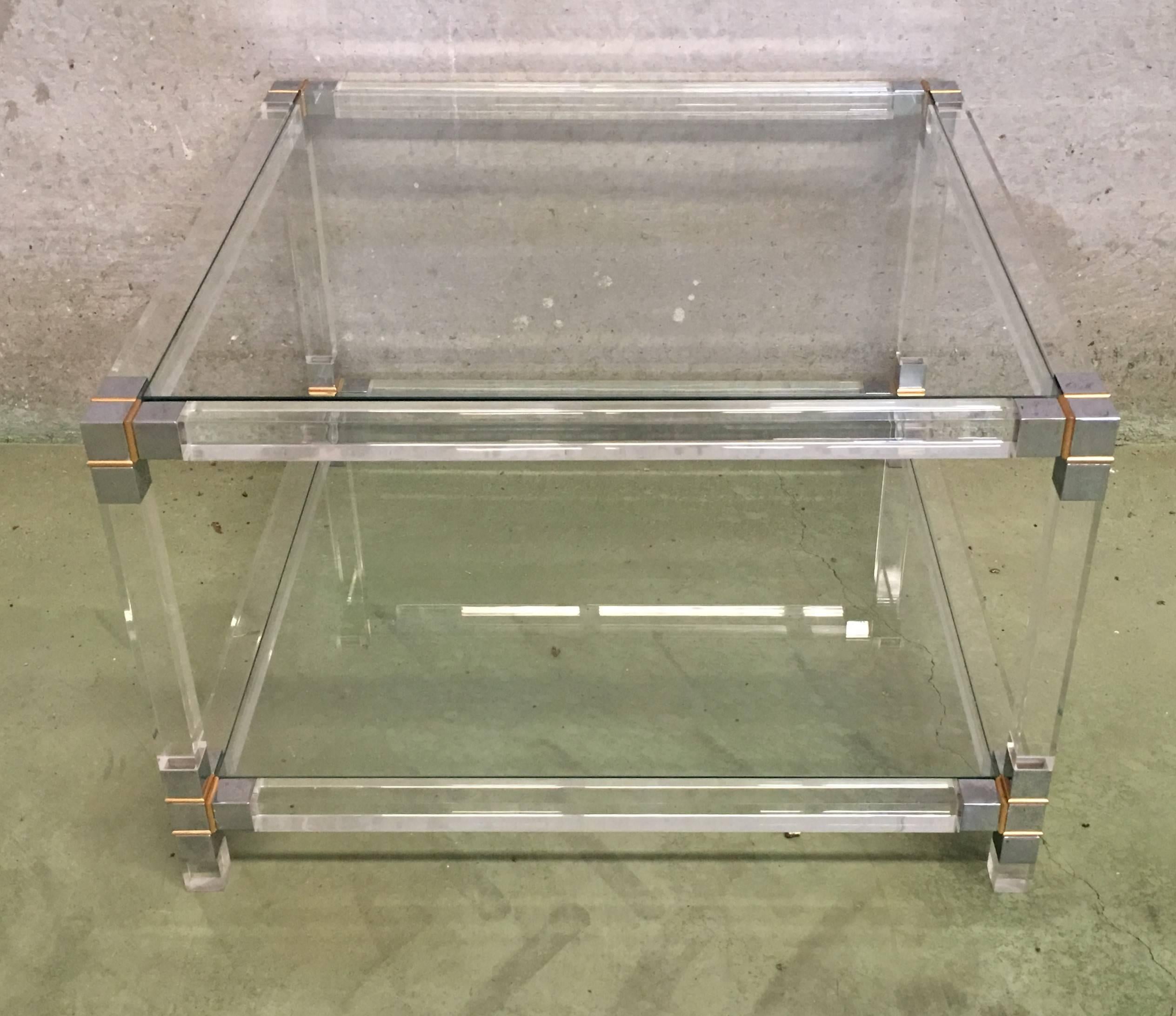 Pair of Midcentury Square Lucite Coffee Tables with Chromed Metal Details For Sale 7