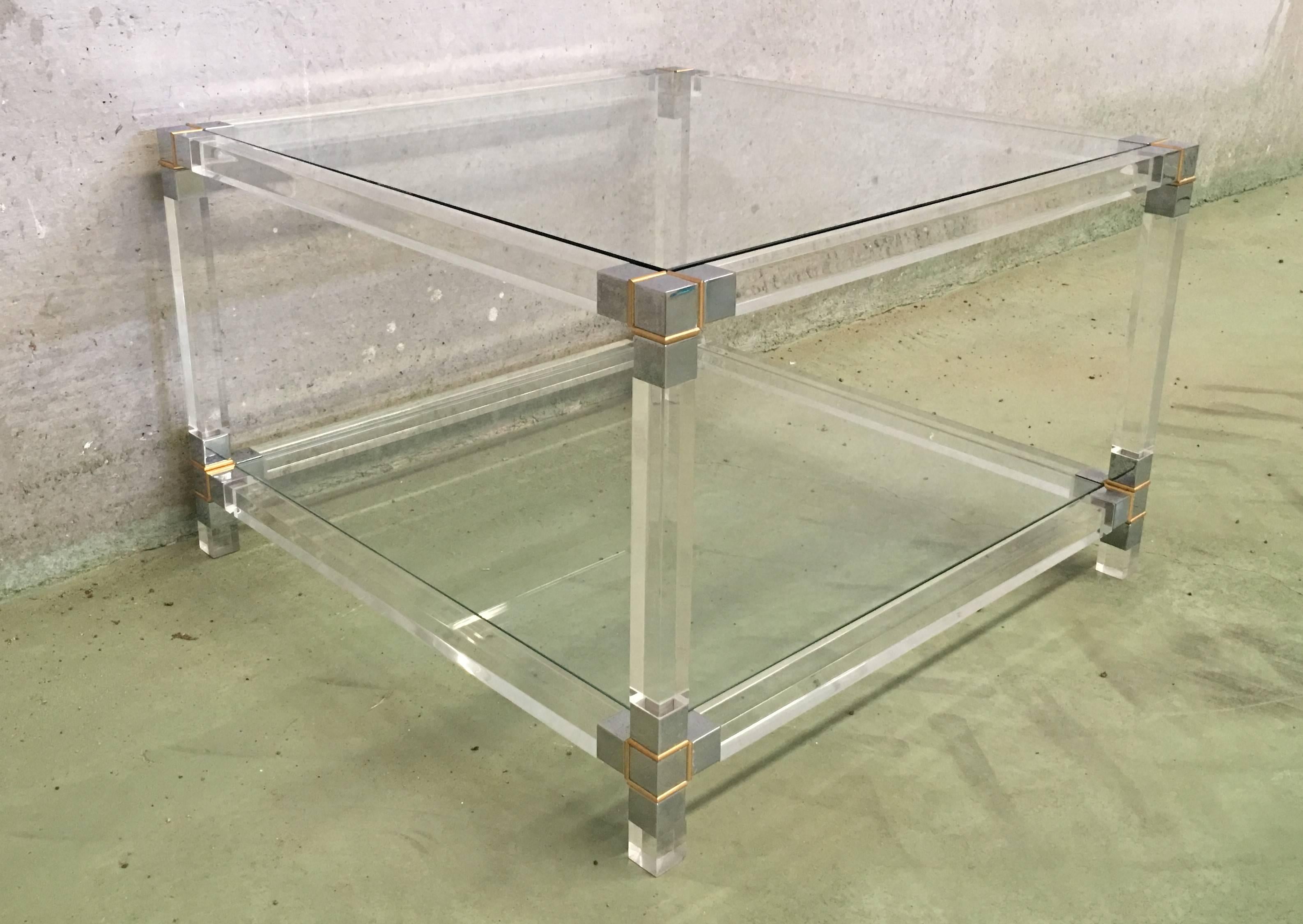 Pair of Midcentury Square Lucite Coffee Tables with Chromed Metal Details For Sale 9
