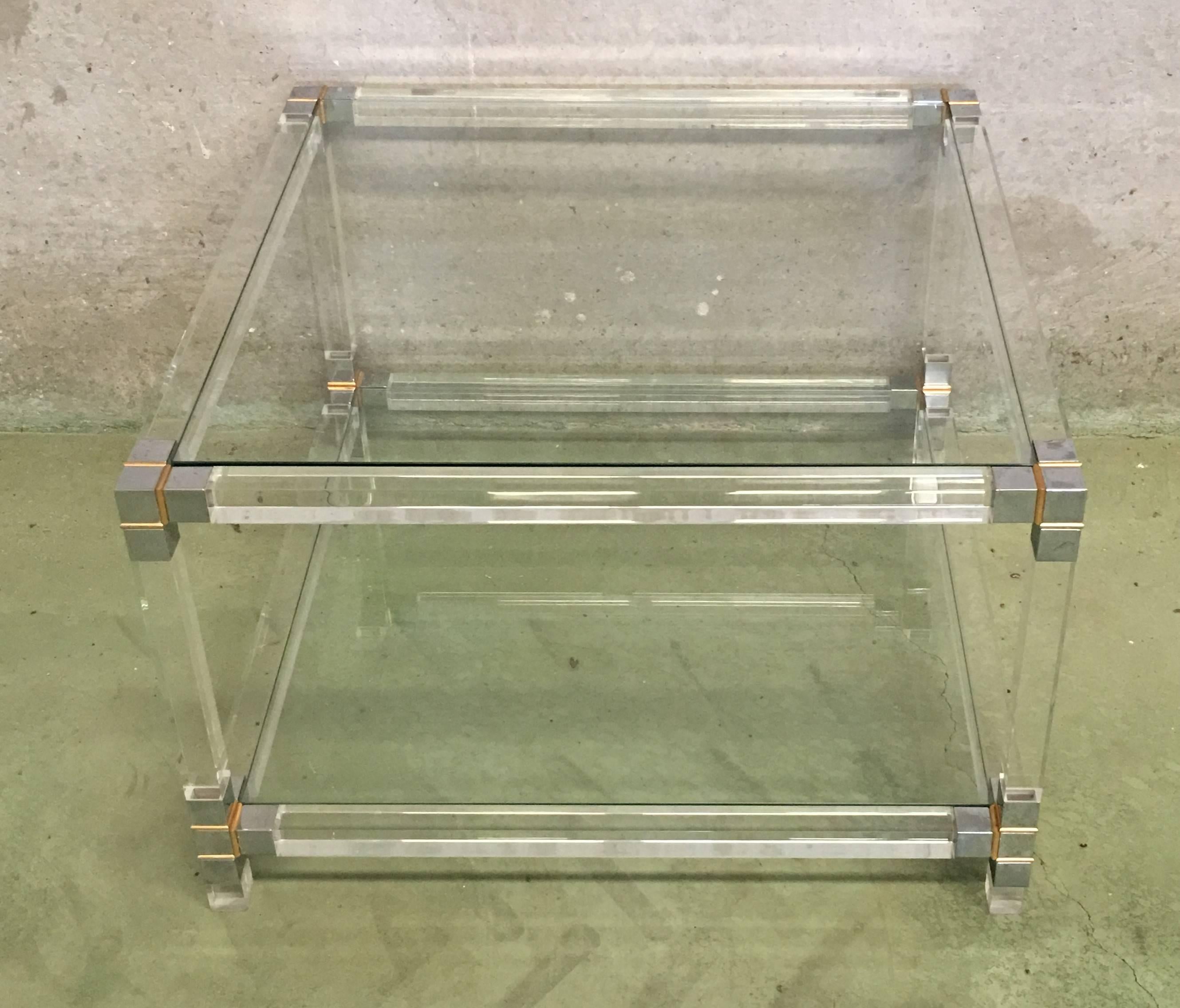 Pair of Midcentury Square Lucite Coffee Tables with Chromed Metal Details For Sale 10