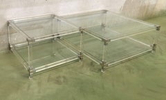 Pair of Midcentury Square Lucite Coffee Tables with Chromed Metal Details