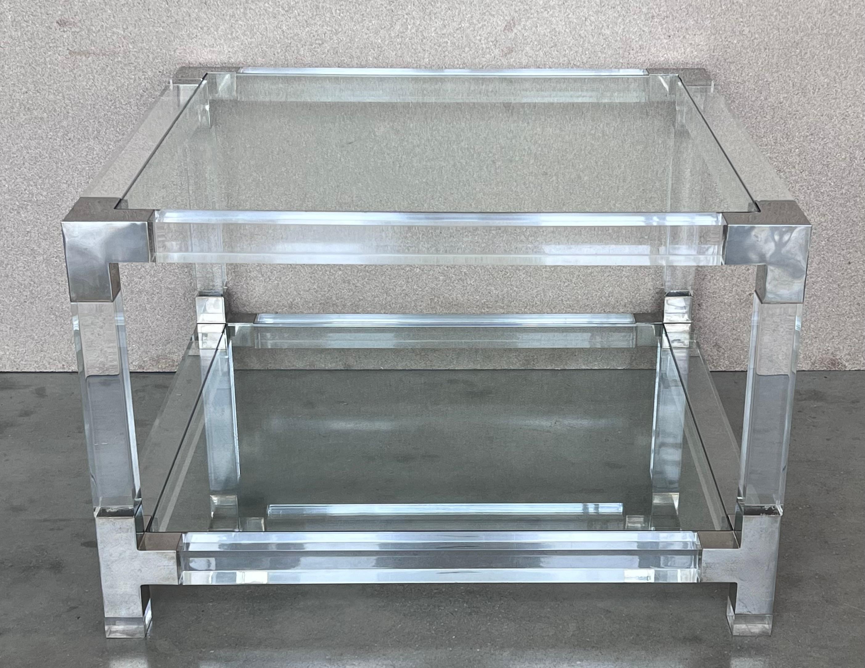 Mid-Century Modern Pair of Midcentury Square Lucite Coffee Tables with Chromed Metal Details
