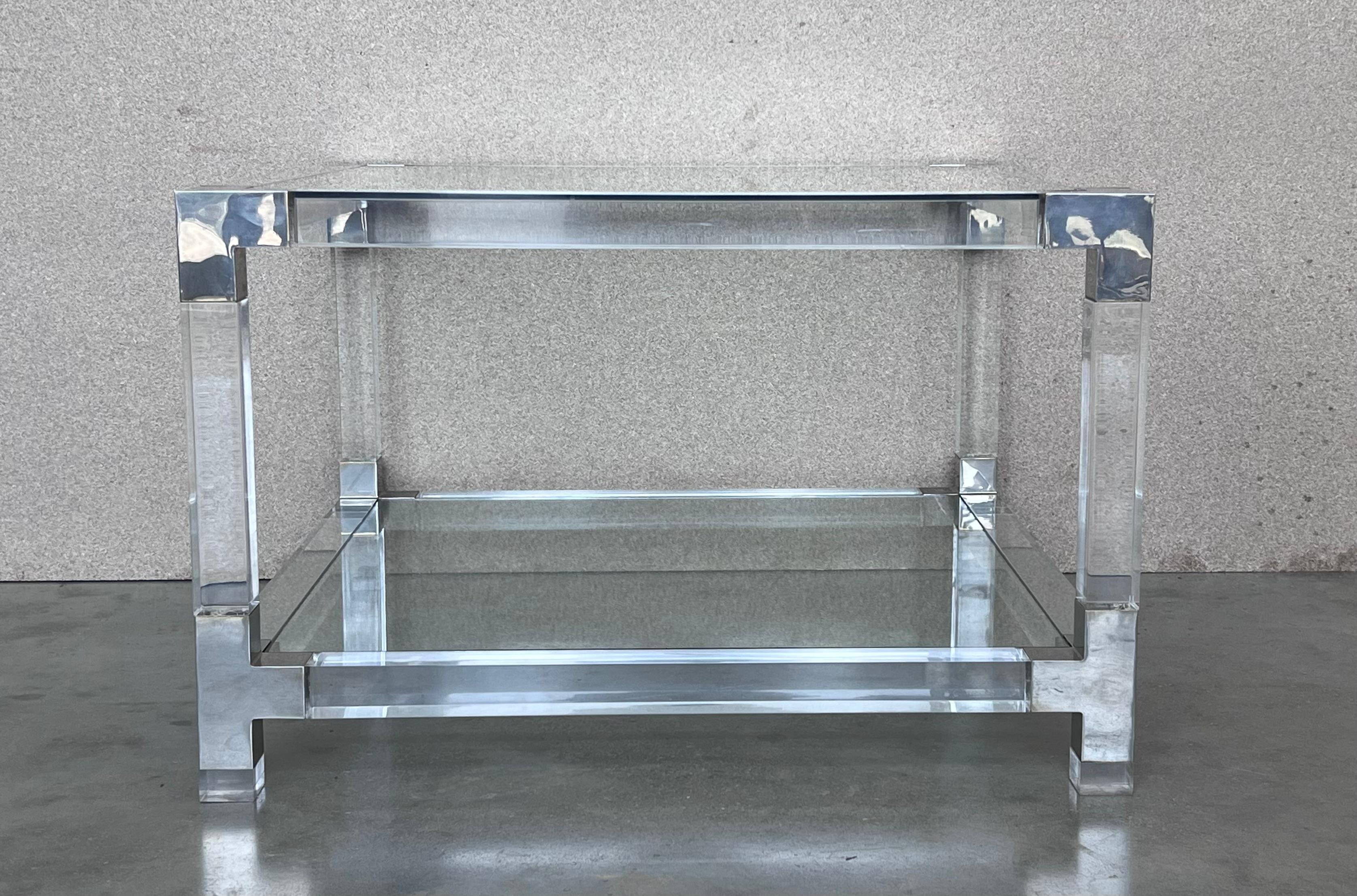 Spanish Pair of Midcentury Square Lucite Coffee Tables with Chromed Metal Details