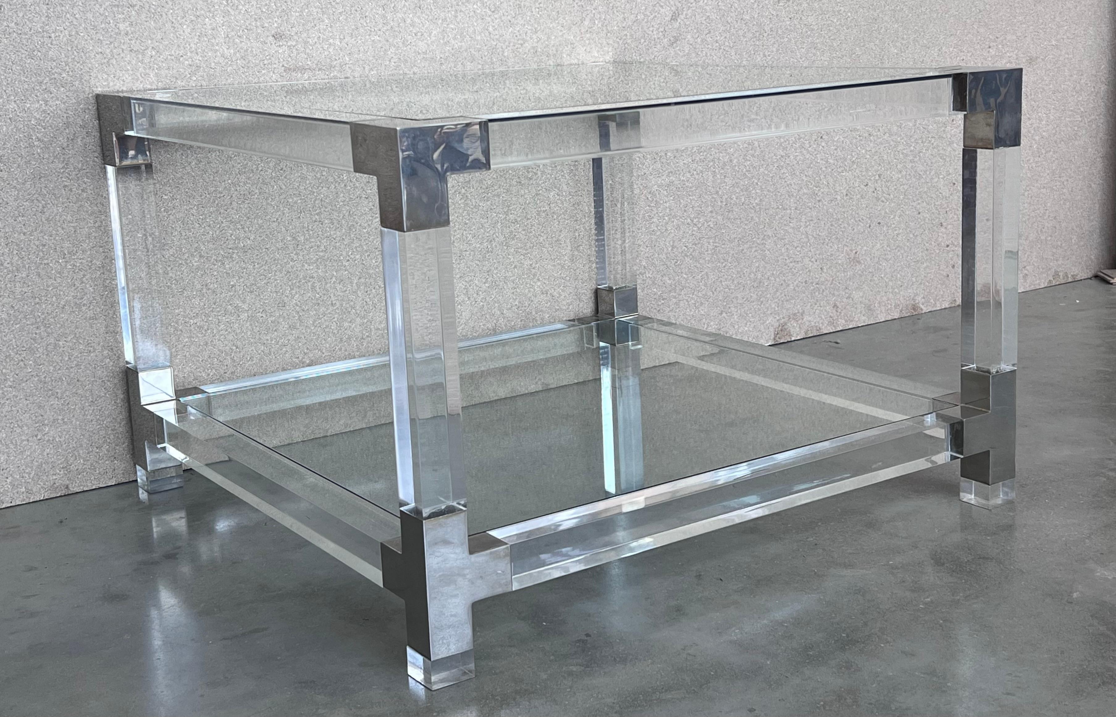 20th Century Pair of Midcentury Square Lucite Coffee Tables with Chromed Metal Details