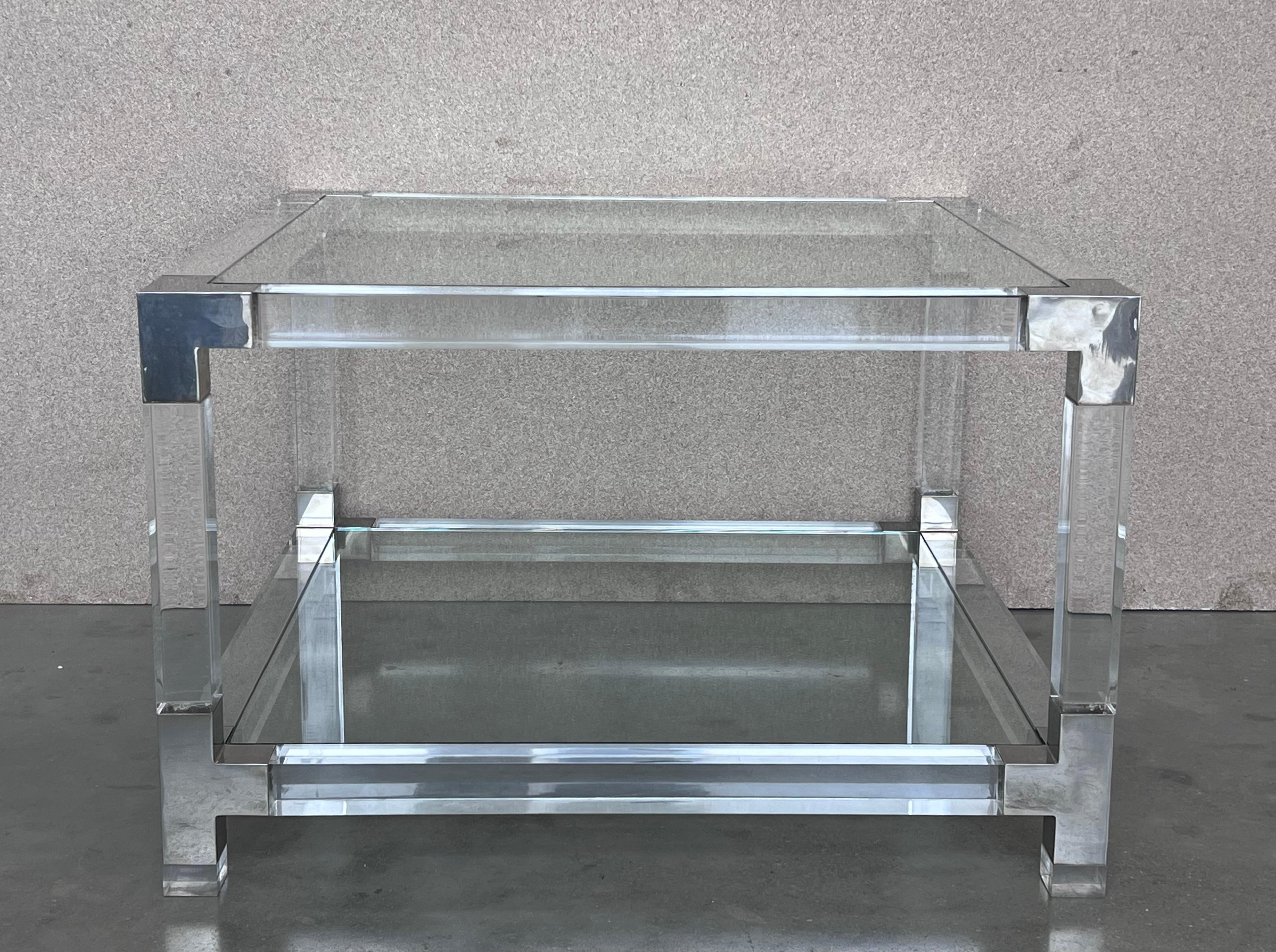 Pair of Midcentury Square Lucite Coffee Tables with Chromed Metal Details 1