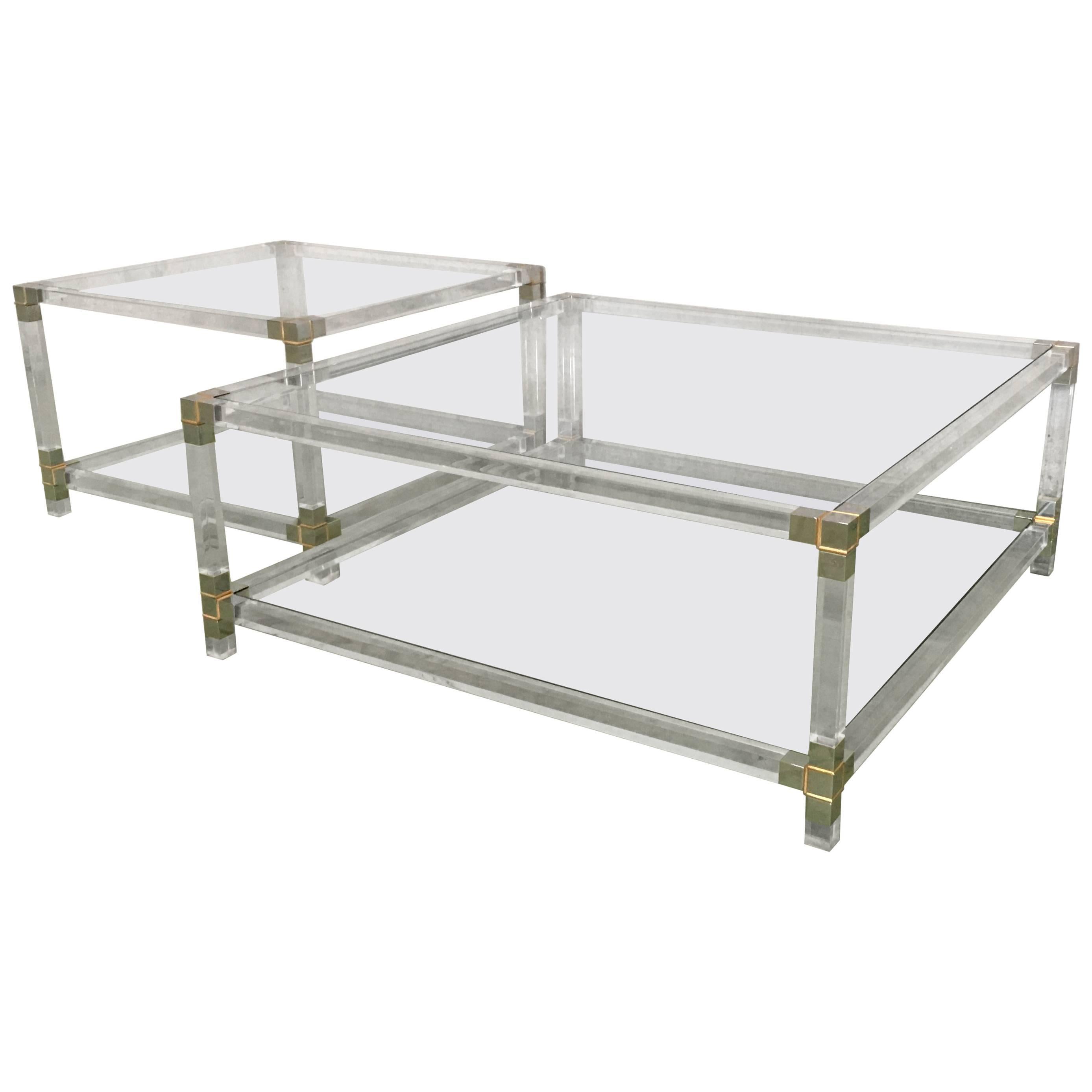 Pair of Midcentury Square Lucite Coffee Tables with Chromed Metal Details For Sale