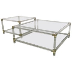 Pair of Midcentury Square Lucite Coffee Tables with Chromed Metal Details