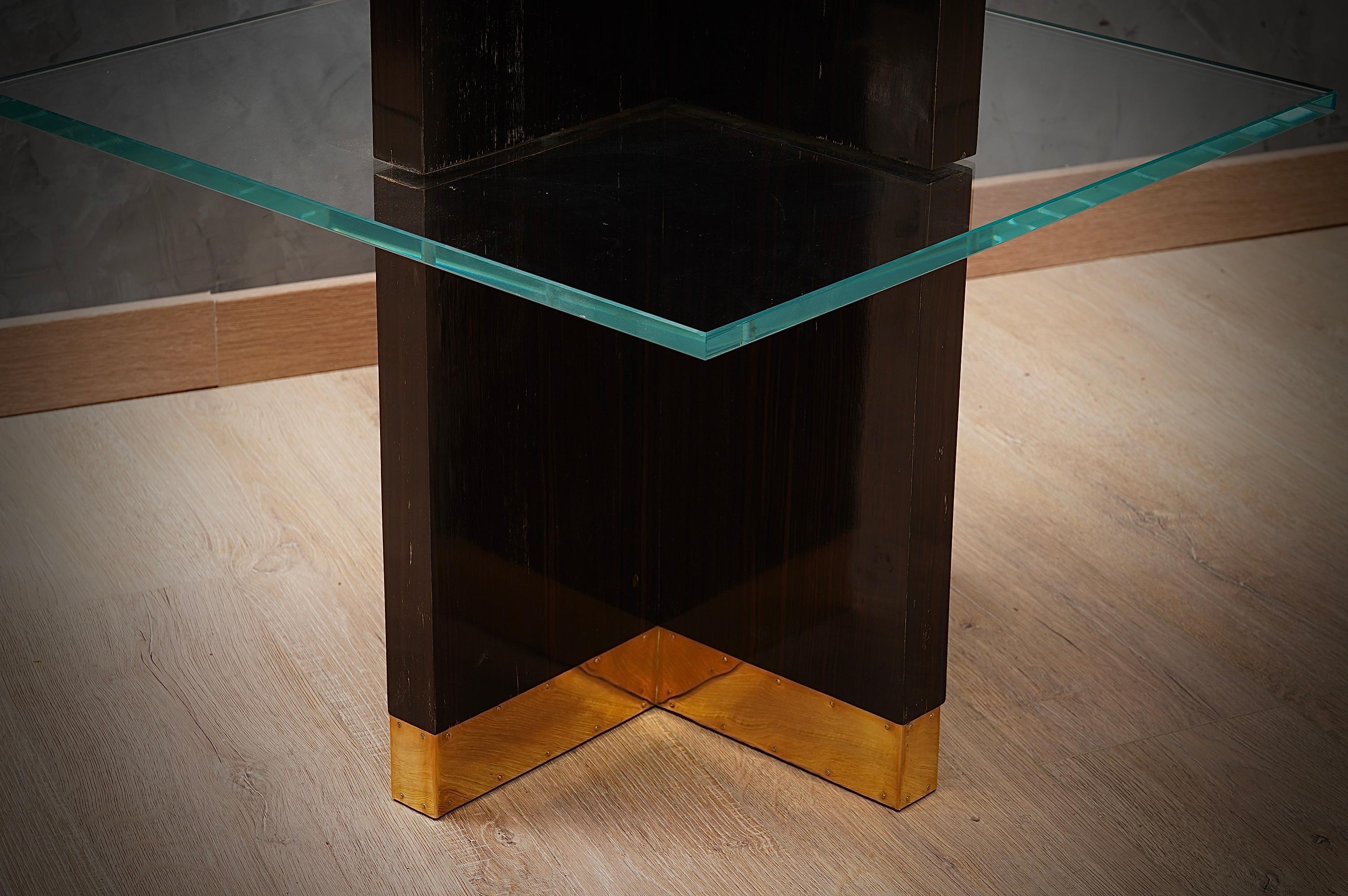 Midcentury Square Walnut Brass and Glass Italian Side Tables, 1950 For Sale 1