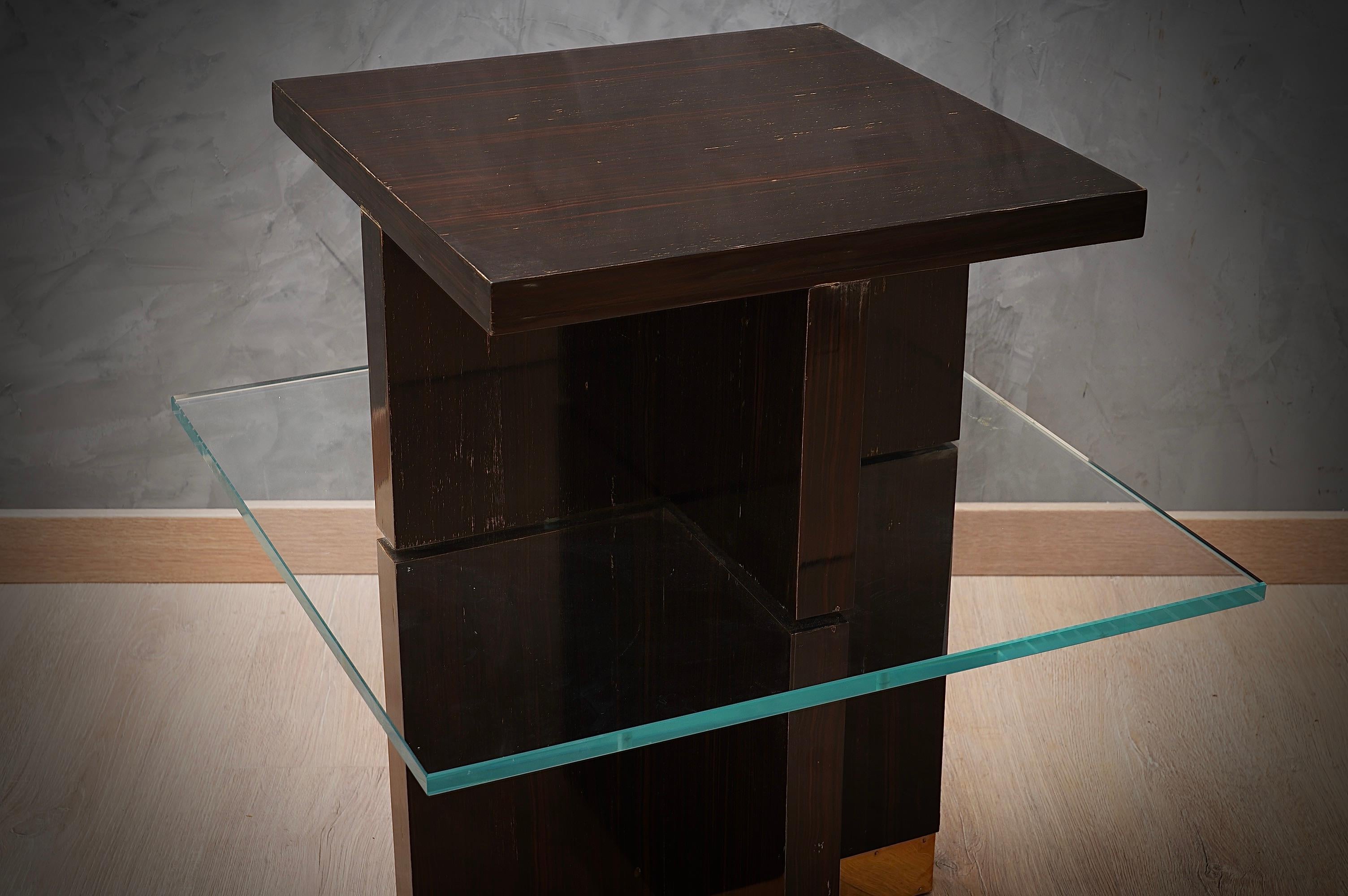 20th Century Midcentury Square Walnut Brass and Glass Italian Side Tables, 1950 For Sale