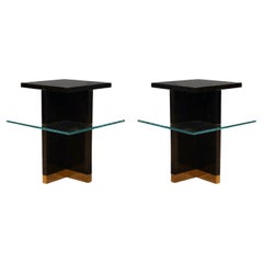 Pair of Midcentury Square Macassar Brass and Glass Italian Side Tables, 1950