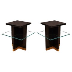 Vintage Midcentury Square Walnut Brass and Glass Italian Side Tables, 1950