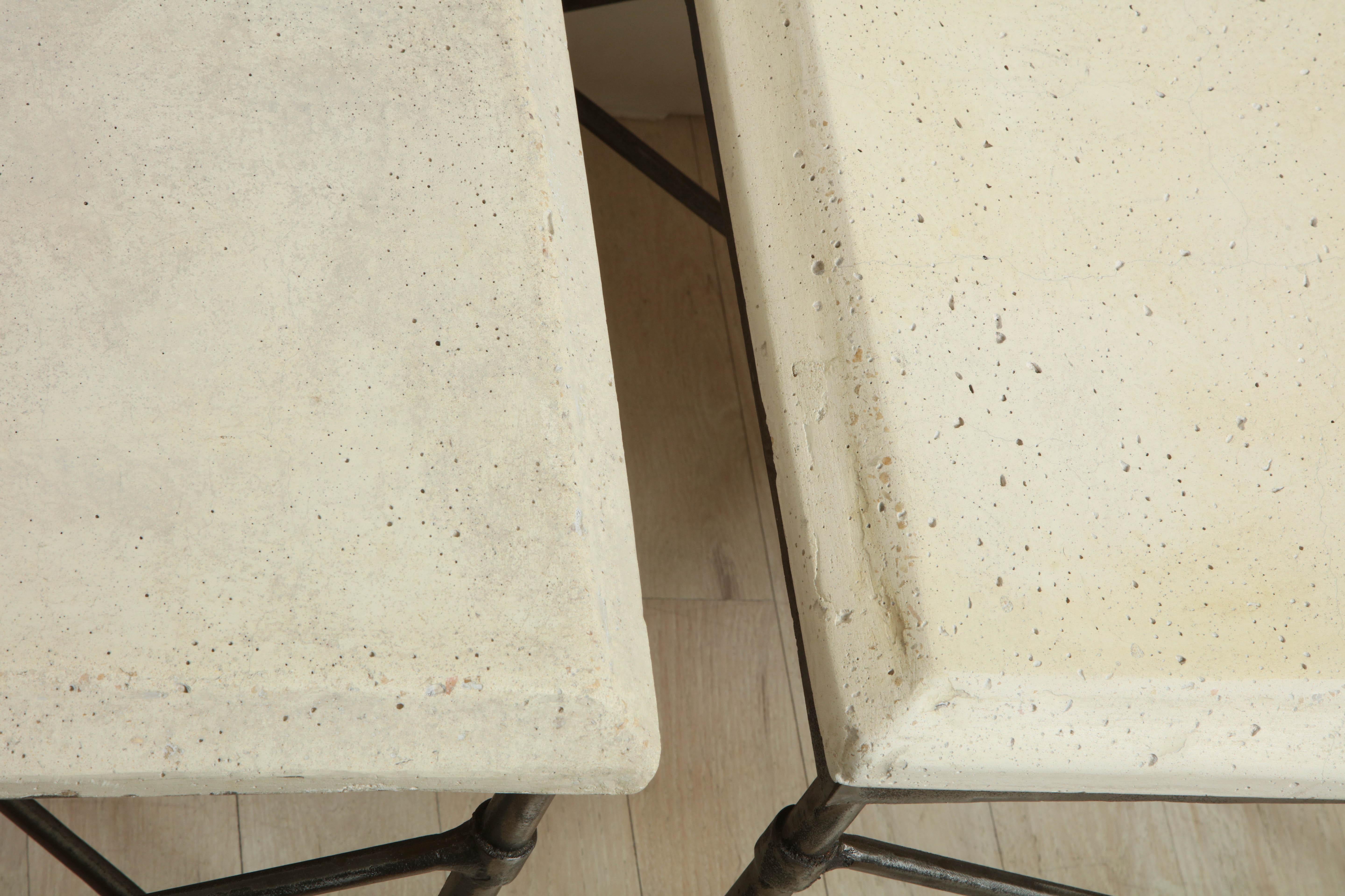 Pair of Midcentury Square Metal Side Tables with Limestone Tops For Sale 4