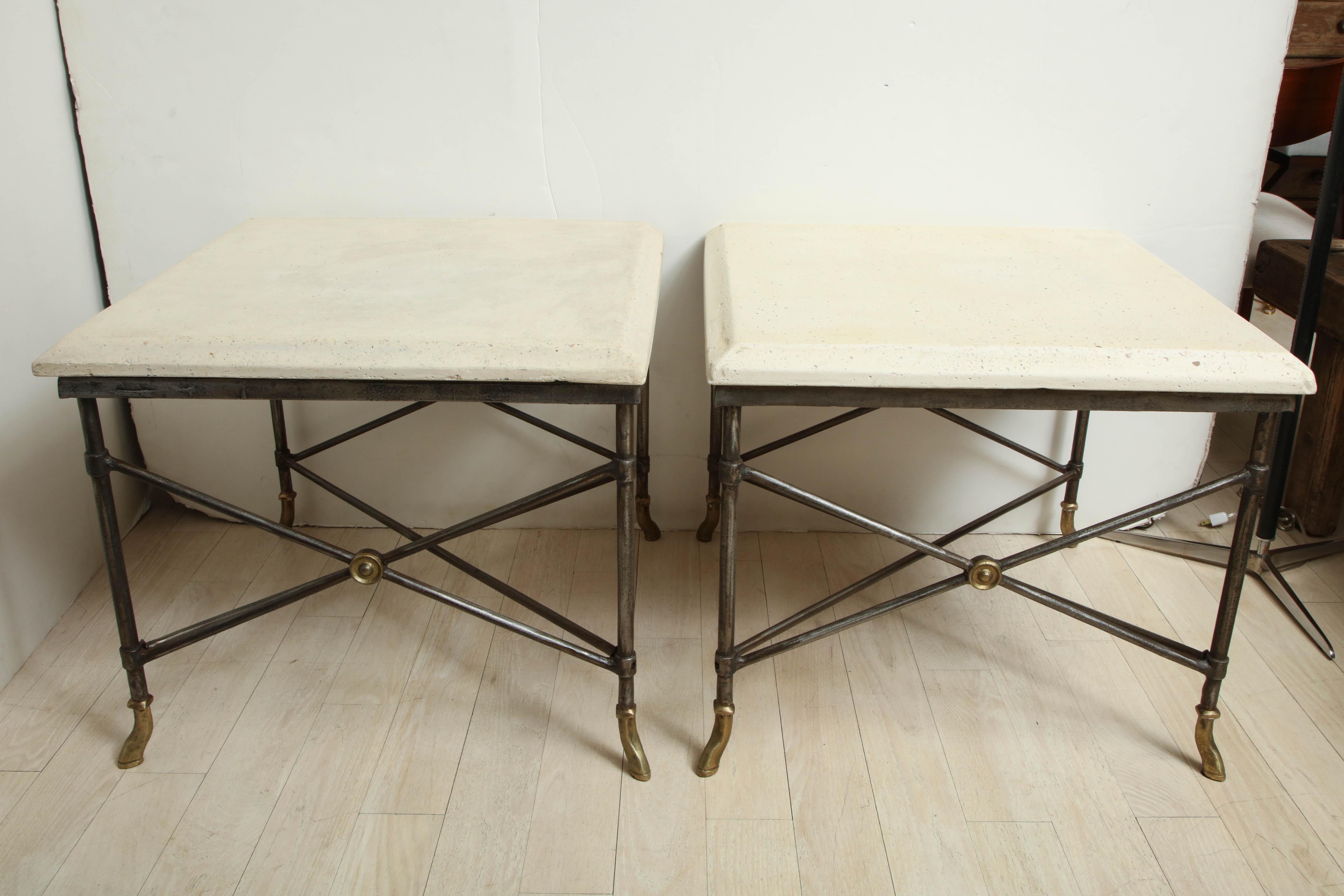 Mid-Century Modern Pair of Midcentury Square Metal Side Tables with Limestone Tops For Sale