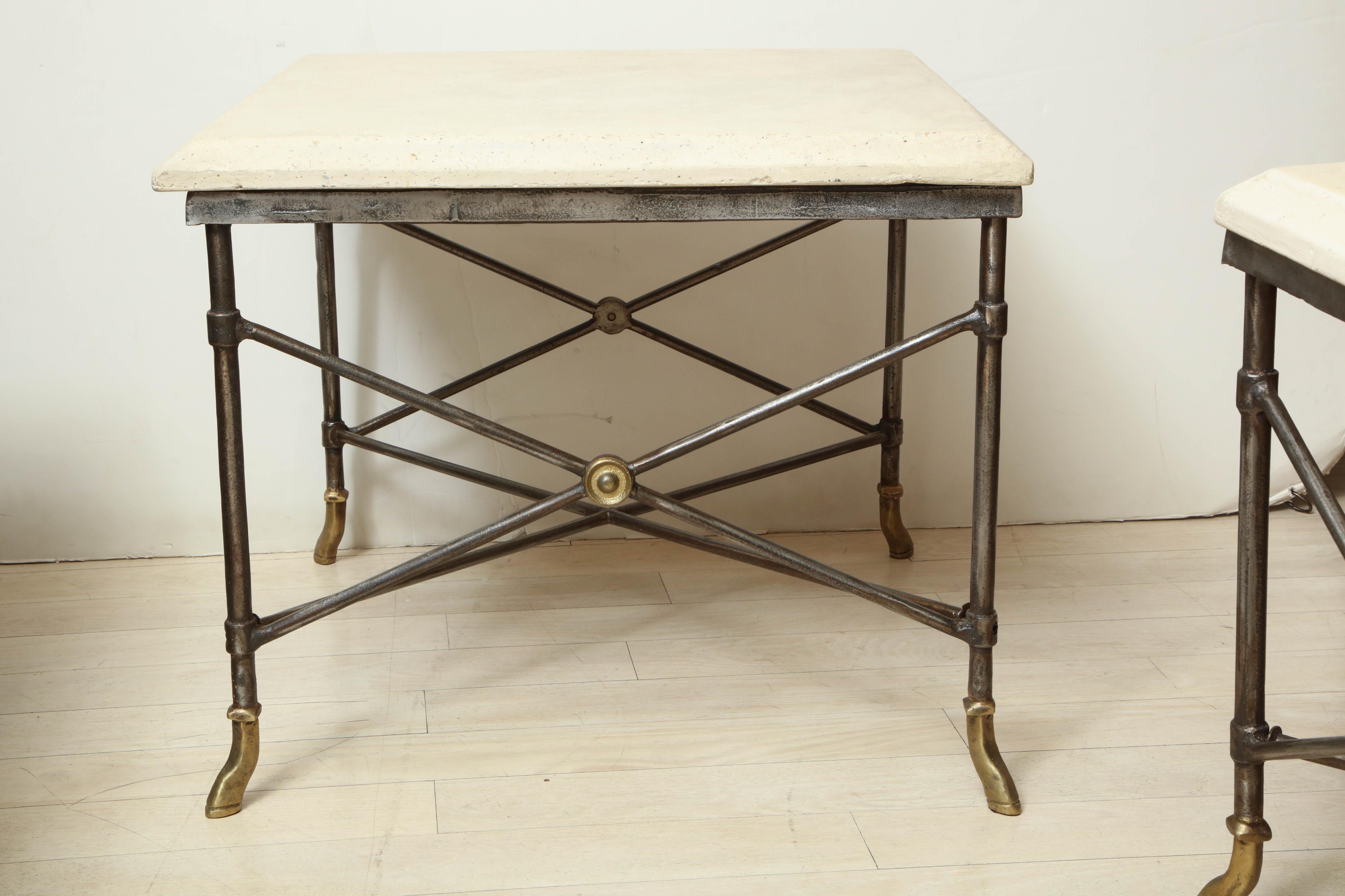French Pair of Midcentury Square Metal Side Tables with Limestone Tops For Sale