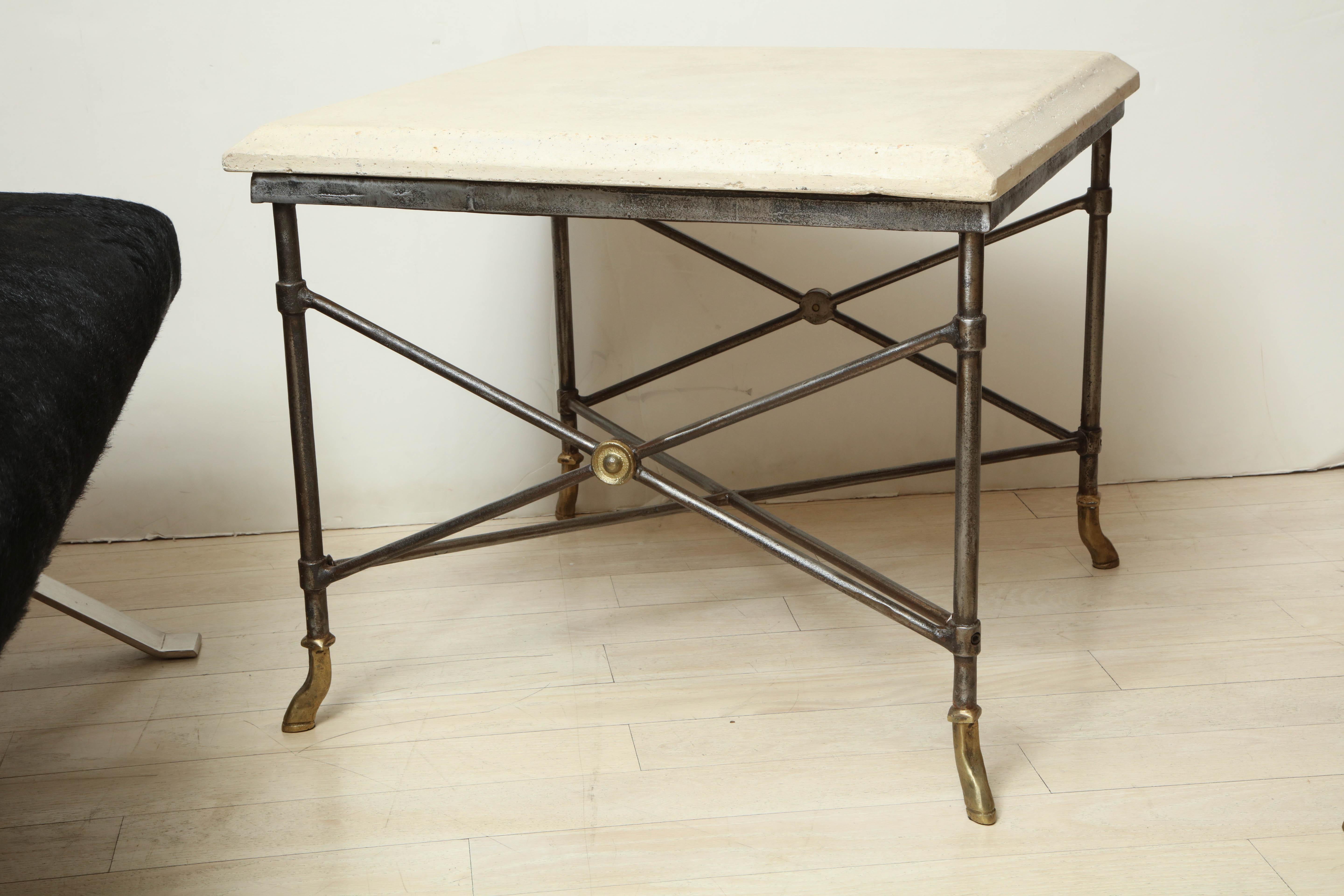 Pair of Midcentury Square Metal Side Tables with Limestone Tops In Excellent Condition For Sale In New York, NY