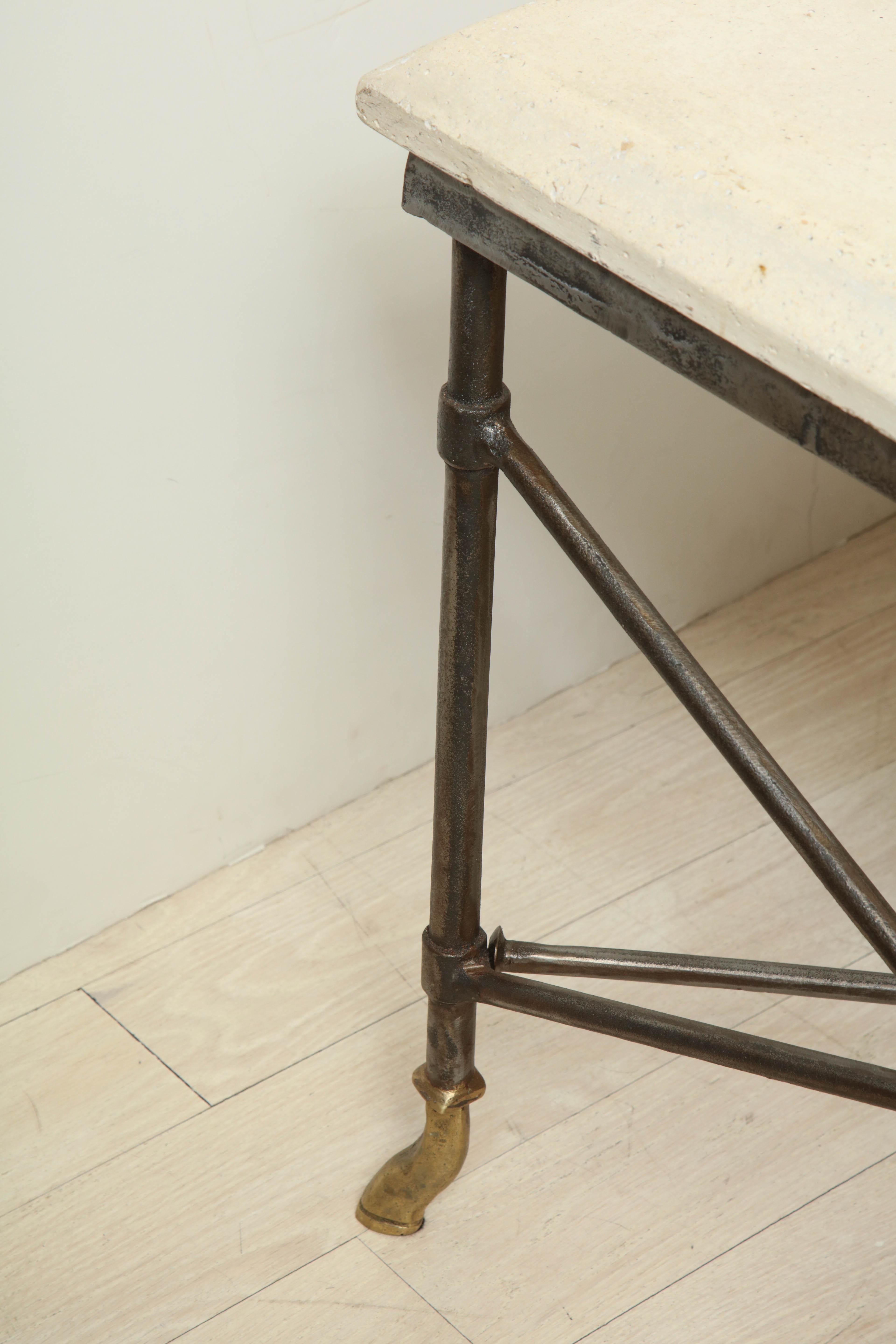 Pair of Midcentury Square Metal Side Tables with Limestone Tops For Sale 2