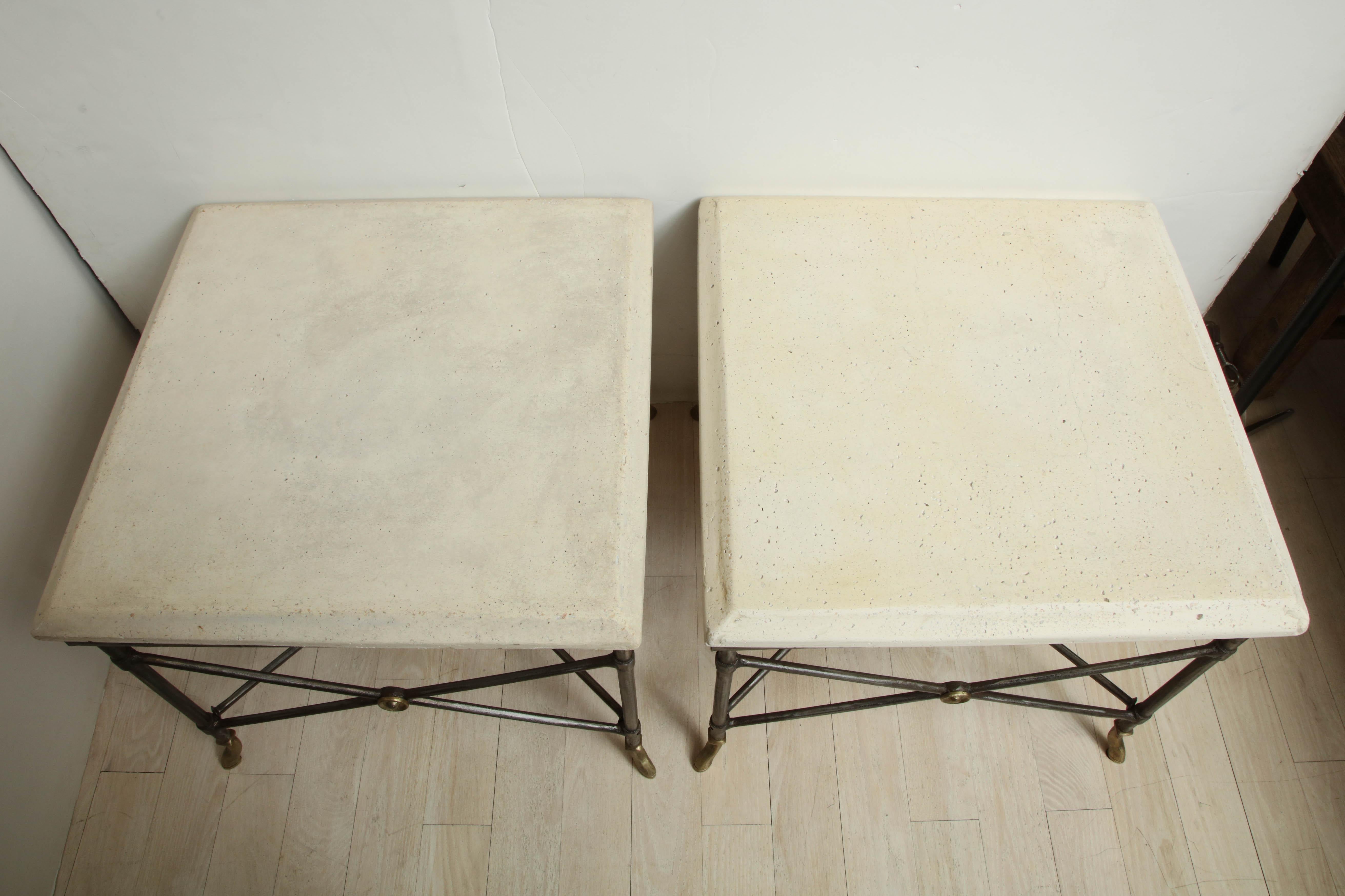Pair of Midcentury Square Metal Side Tables with Limestone Tops For Sale 3