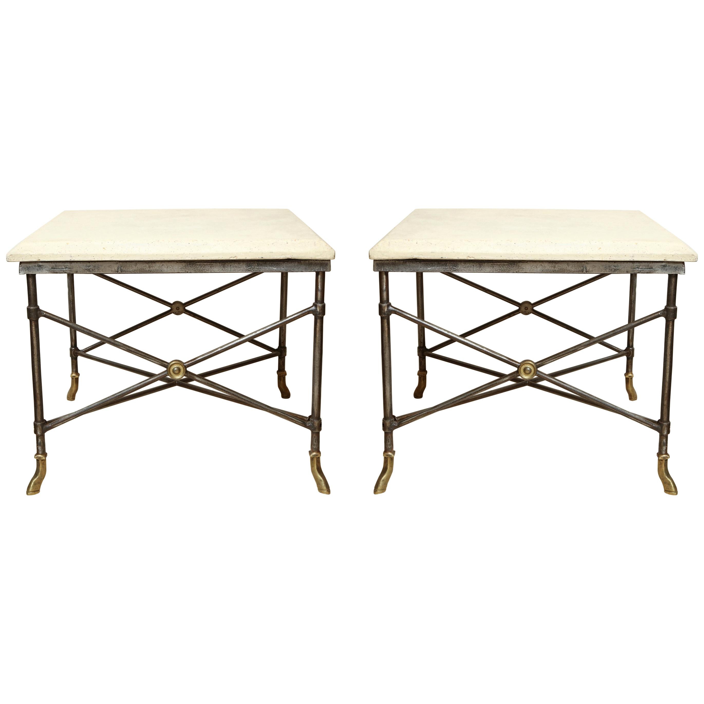 Pair of Midcentury Square Metal Side Tables with Limestone Tops For Sale