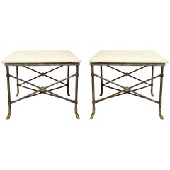 Pair of Midcentury Square Metal Side Tables with Limestone Tops