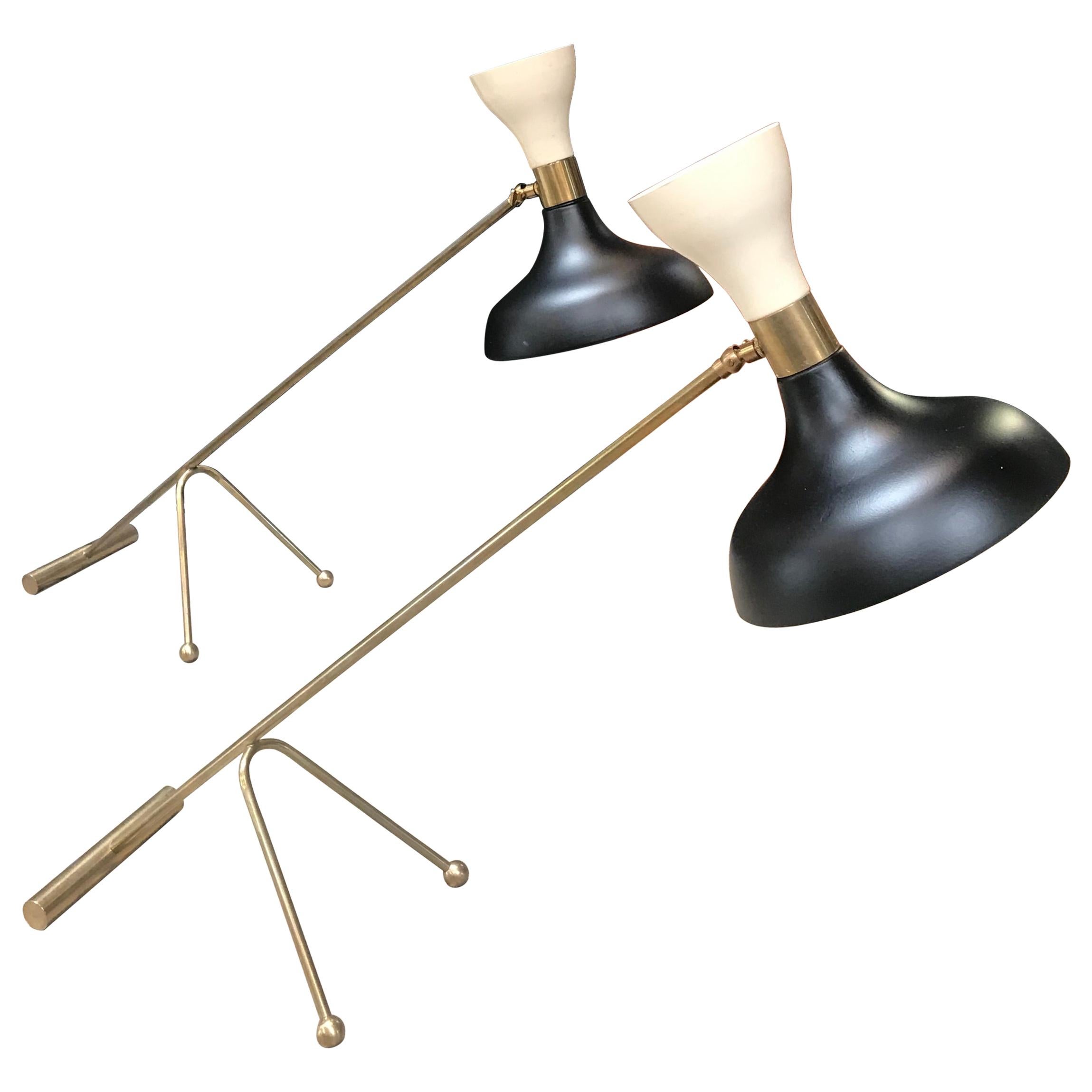 Pair of Midcentury Stilnovo Style Adjustable Black/White Table Lamps in Brass