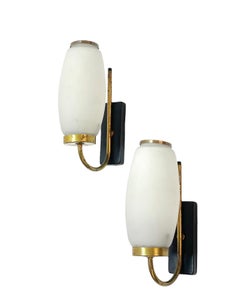 Pair of Mid-century Stilnovo Opal Glass, Brass and Metal Italian Sconces, 1950s