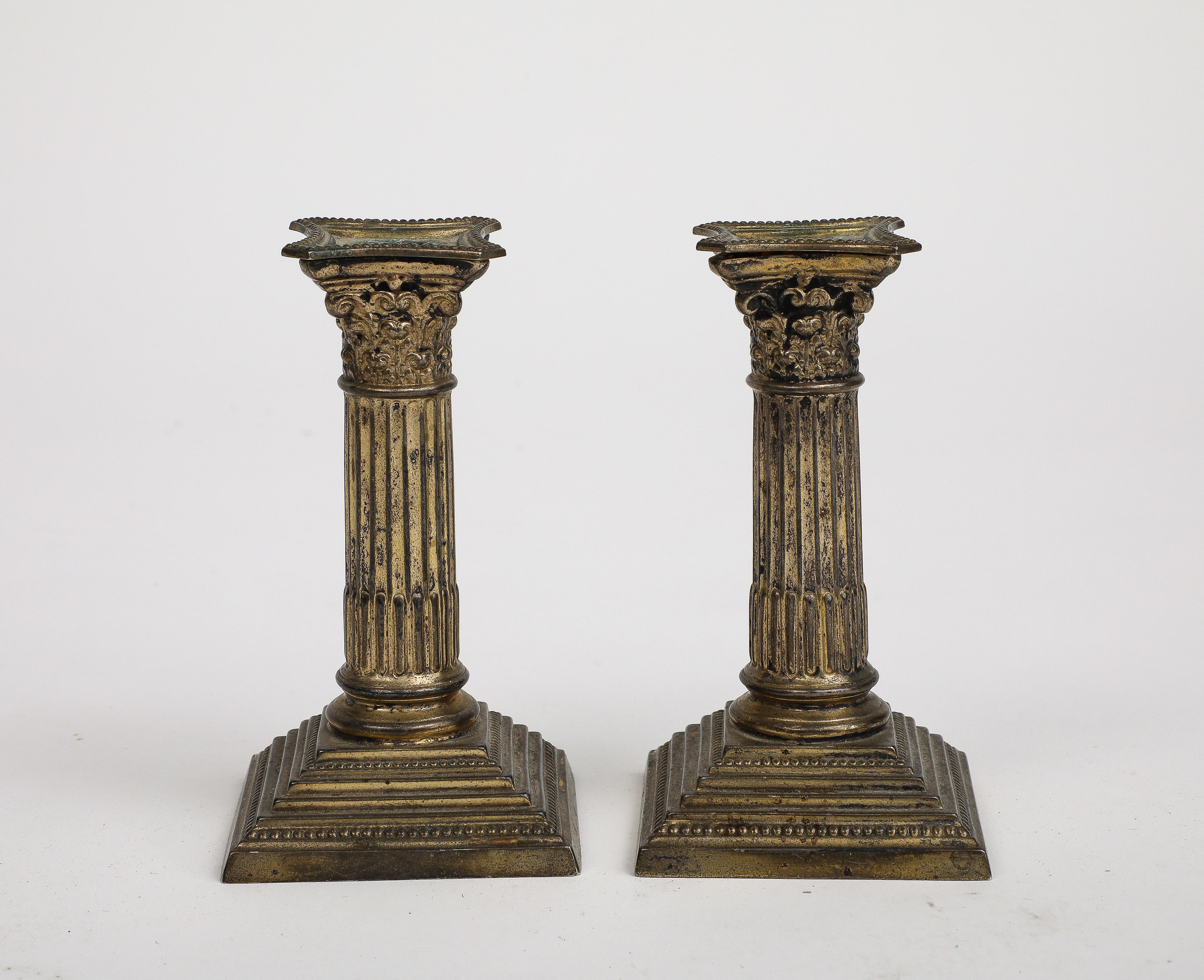 Pair of Midcentury Stone and Brass Column Candlesticks, circa 1950. 