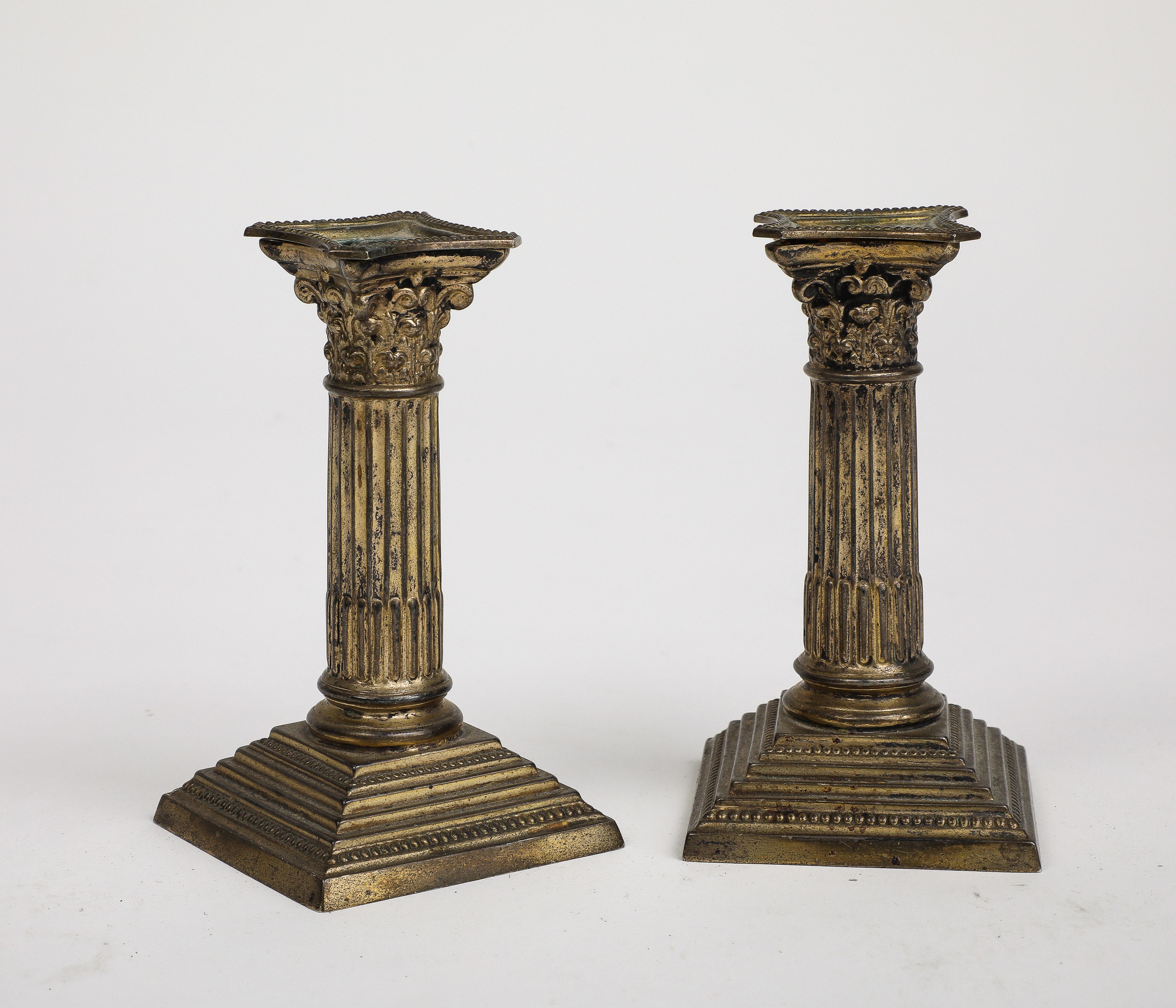 Greek Revival Pair of Midcentury Stone and Brass Column Candlesticks, circa 1950 For Sale