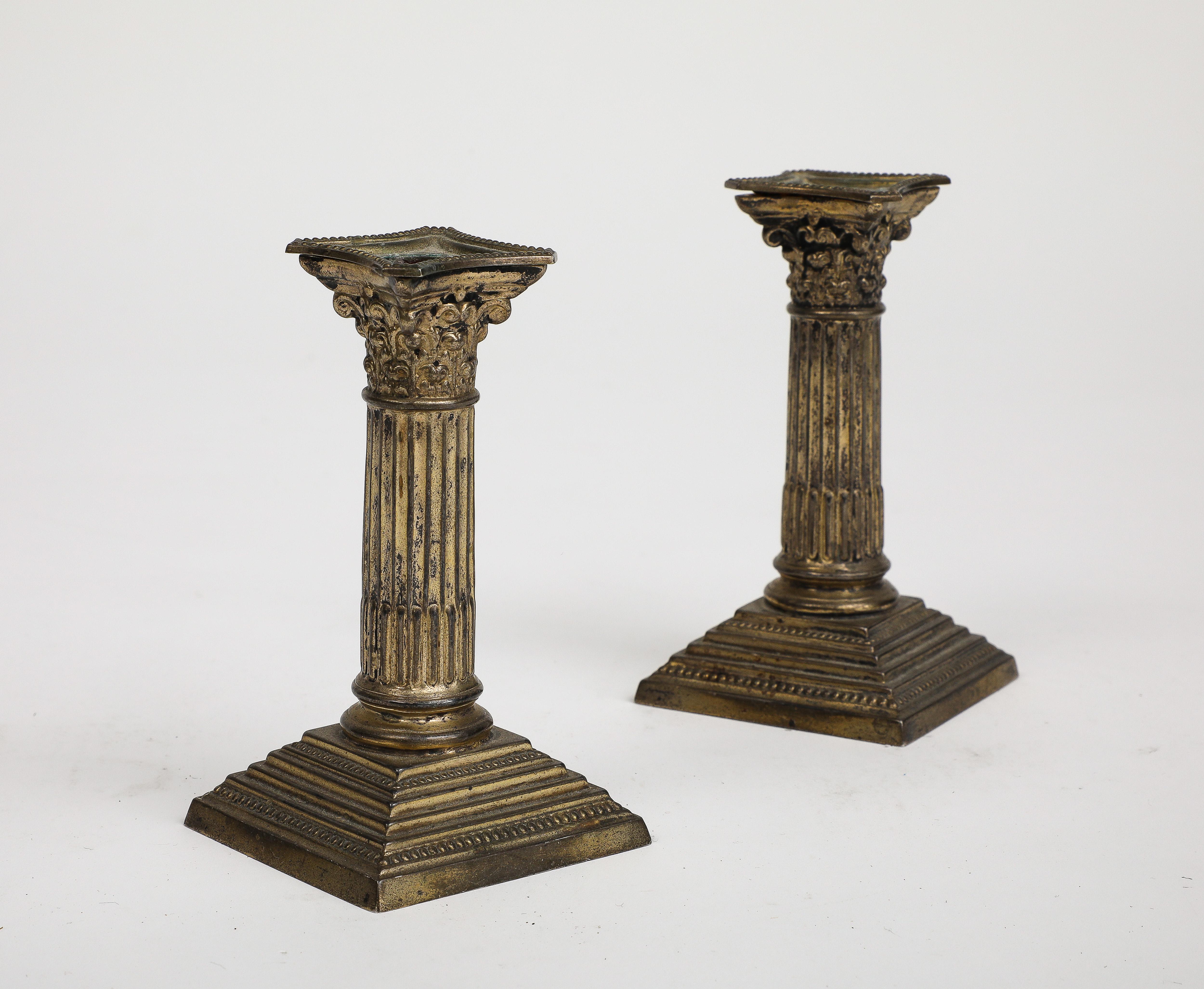 Mid-20th Century Pair of Midcentury Stone and Brass Column Candlesticks, circa 1950 For Sale