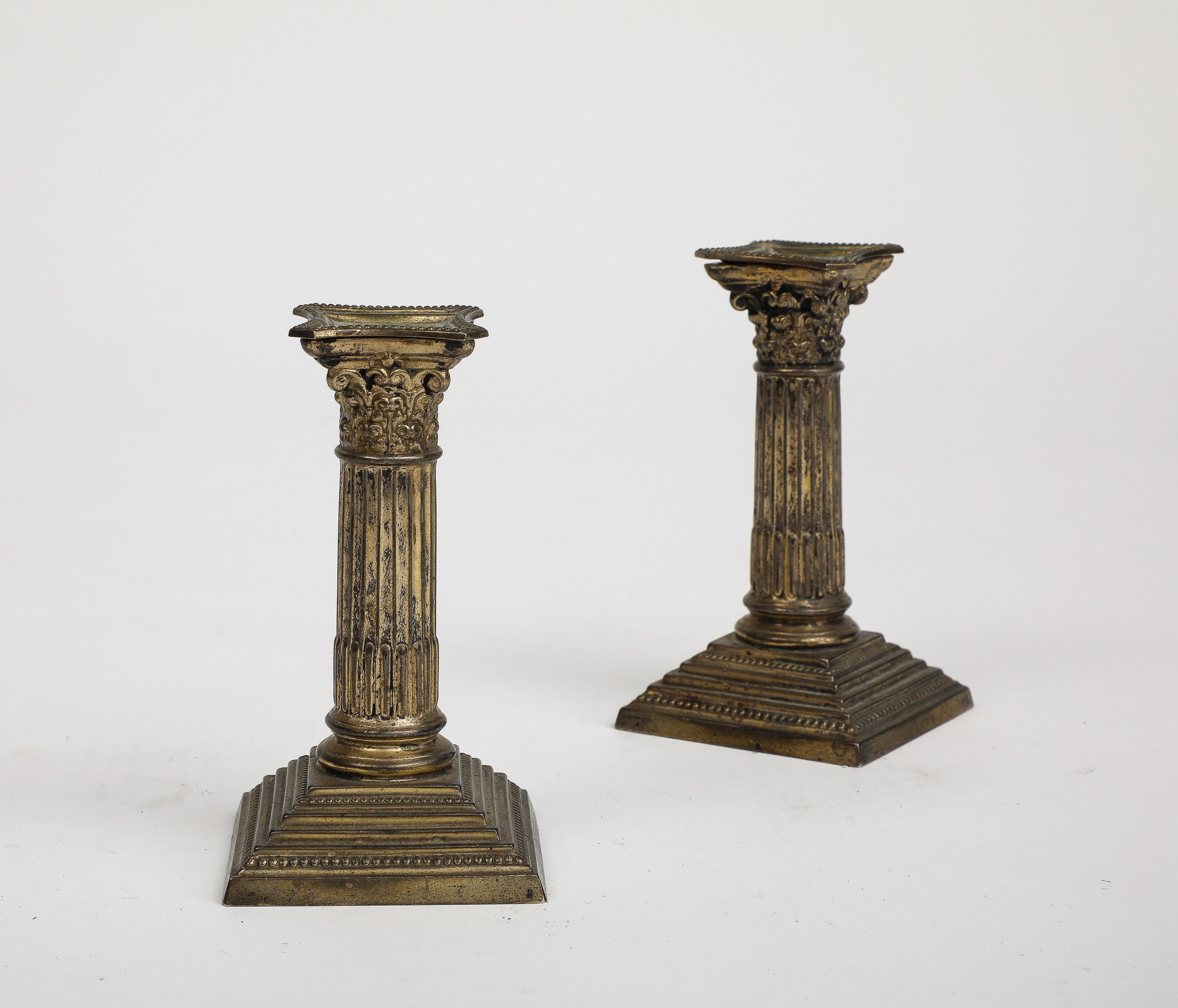 Pair of Midcentury Stone and Brass Column Candlesticks, circa 1950 For Sale 1
