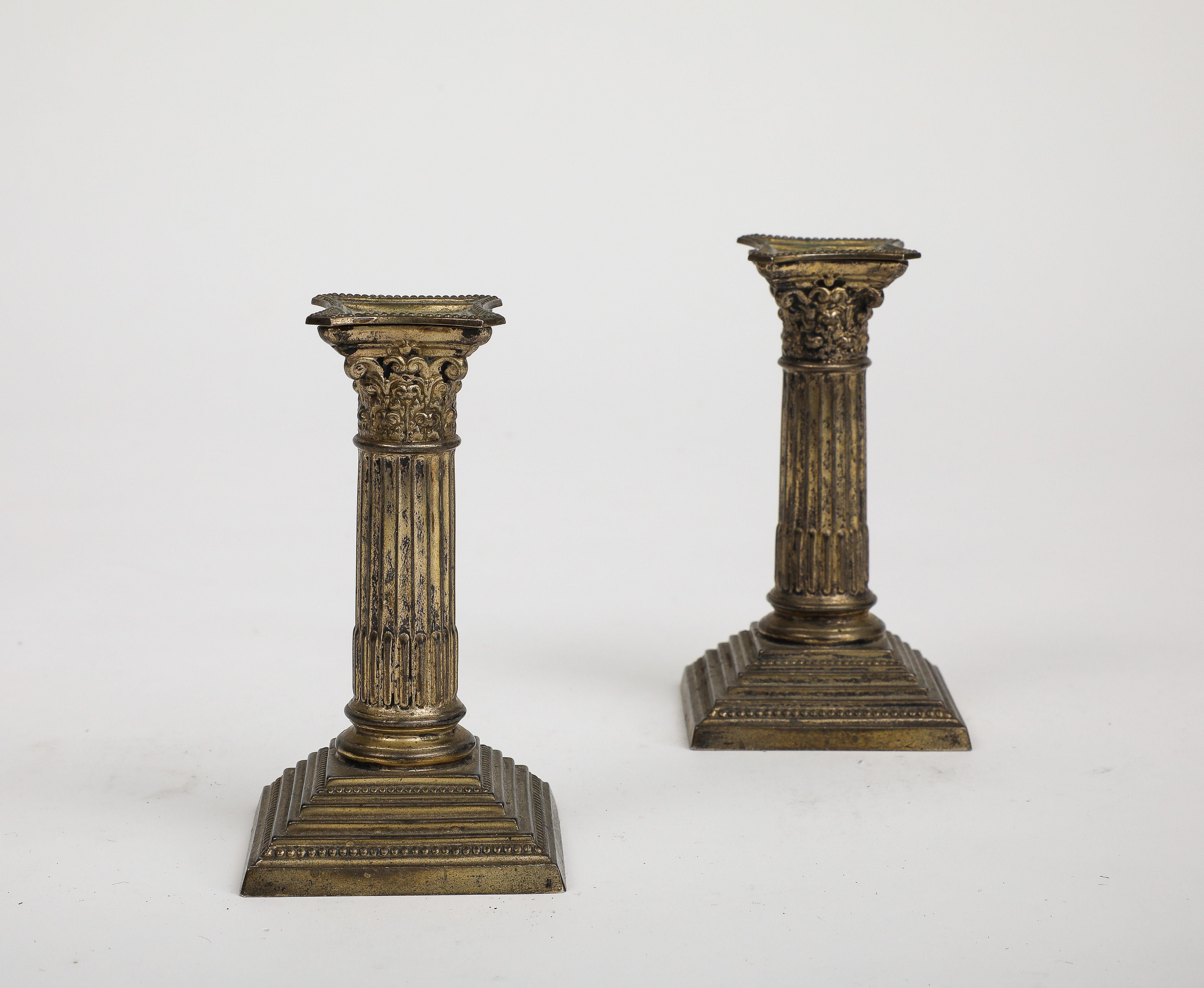 Pair of Midcentury Stone and Brass Column Candlesticks, circa 1950 For Sale 2