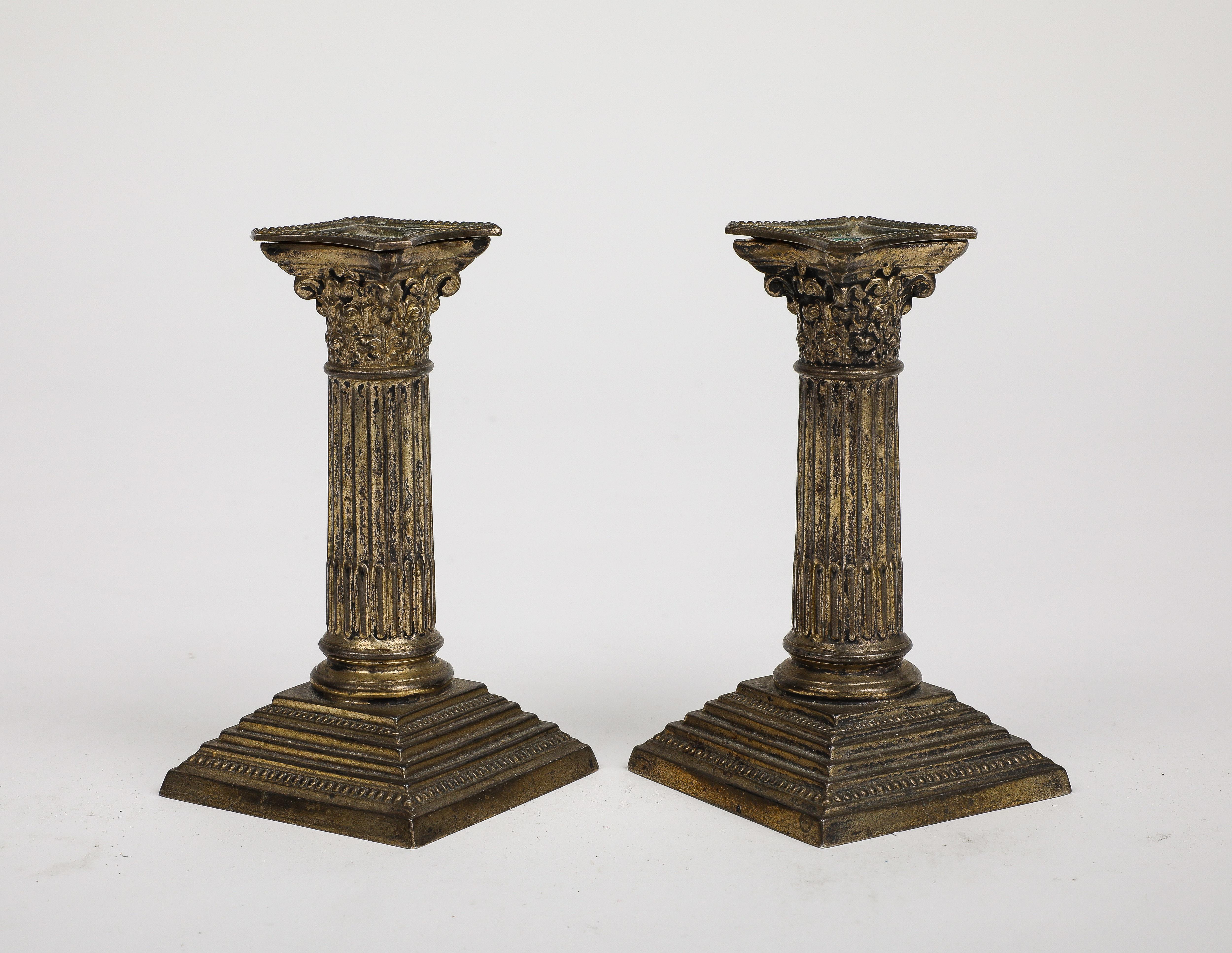 Pair of Midcentury Stone and Brass Column Candlesticks, circa 1950 For Sale 3