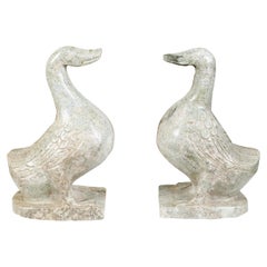 Pair of Midcentury Stone Duck Sculptures with Low-Relief Carved Feathers