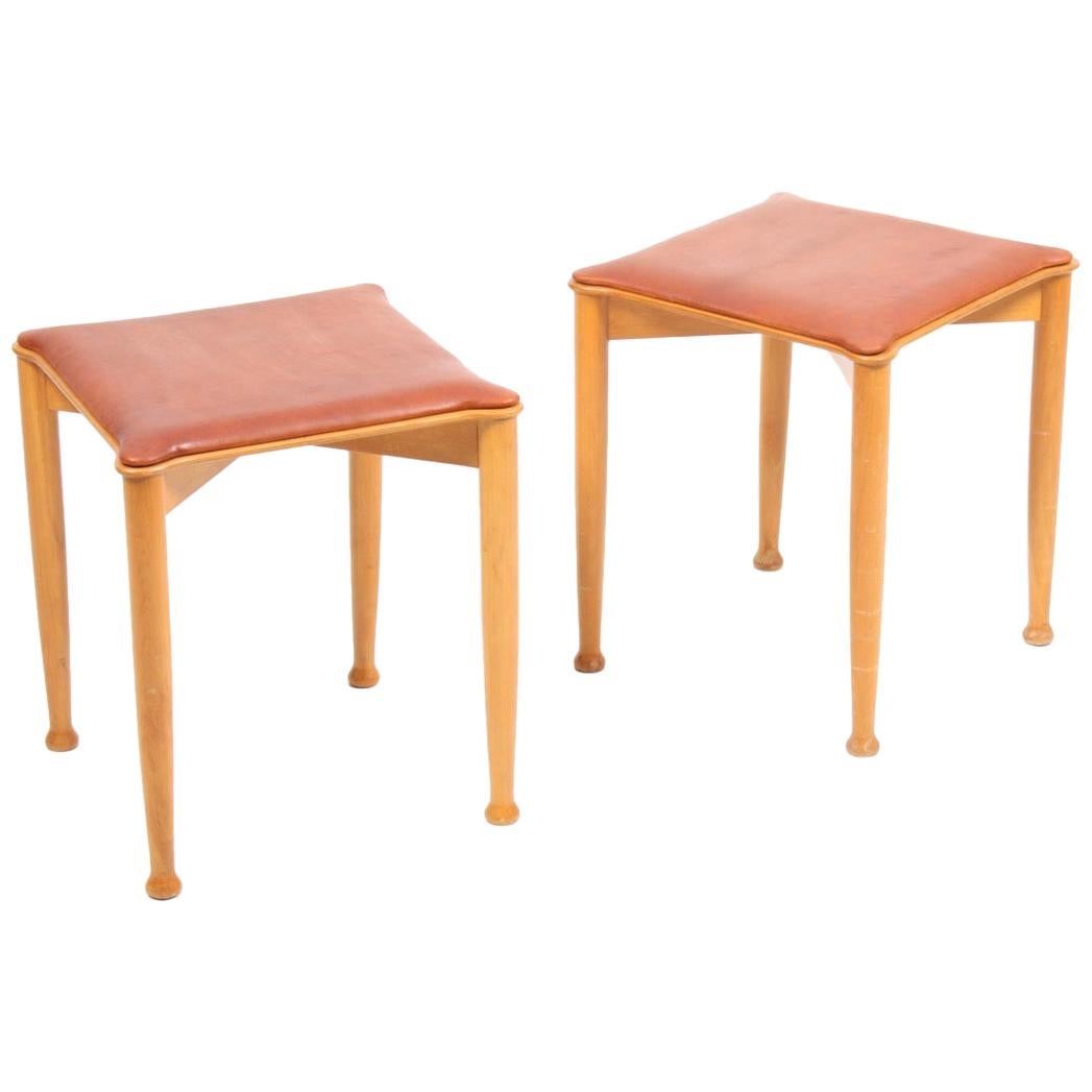Pair of Midcentury Stools, Patinated Leather by Hvidt & Mølgaard, Danish Design