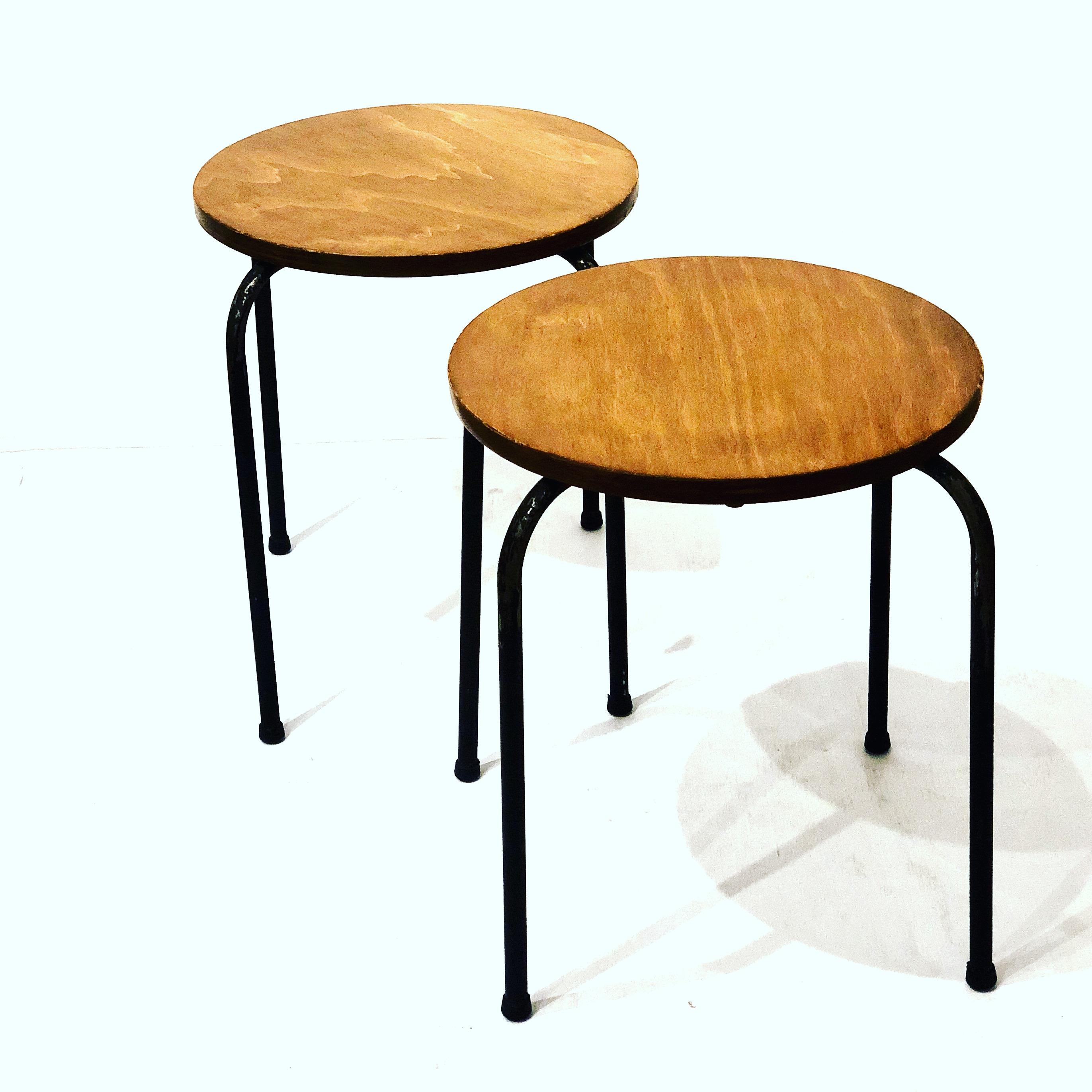 20th Century Pair of Midcentury Stools Tubular Metal Legs Stackable